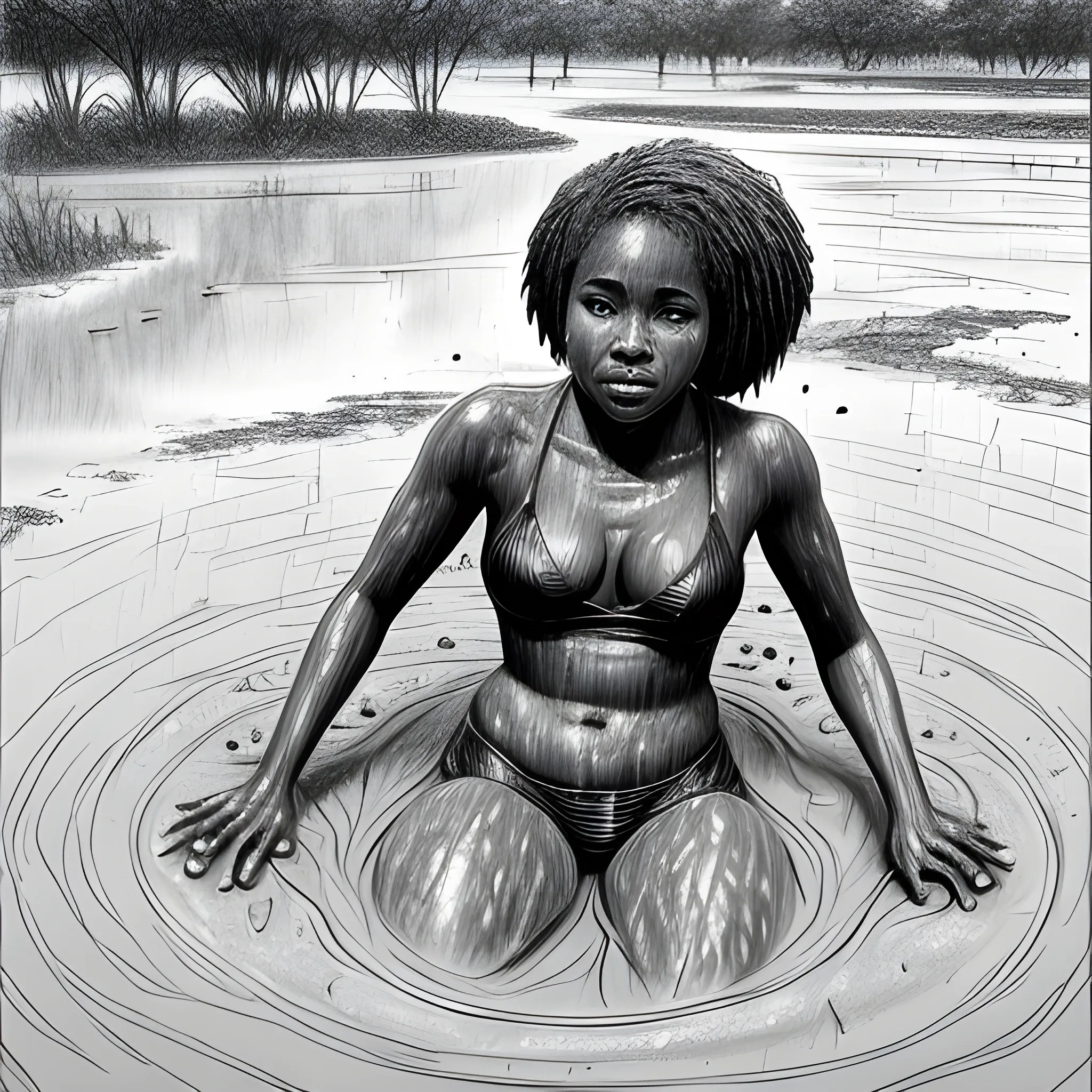 
beautiful bikini black woman playing in a mud puddle in Africa crowded city, taken on a Canon EOS R5 F1.2 ISO100 35MM --ar 4:3 --s 750 --q 2, Pencil Sketch, Cartoon, Pencil Sketch