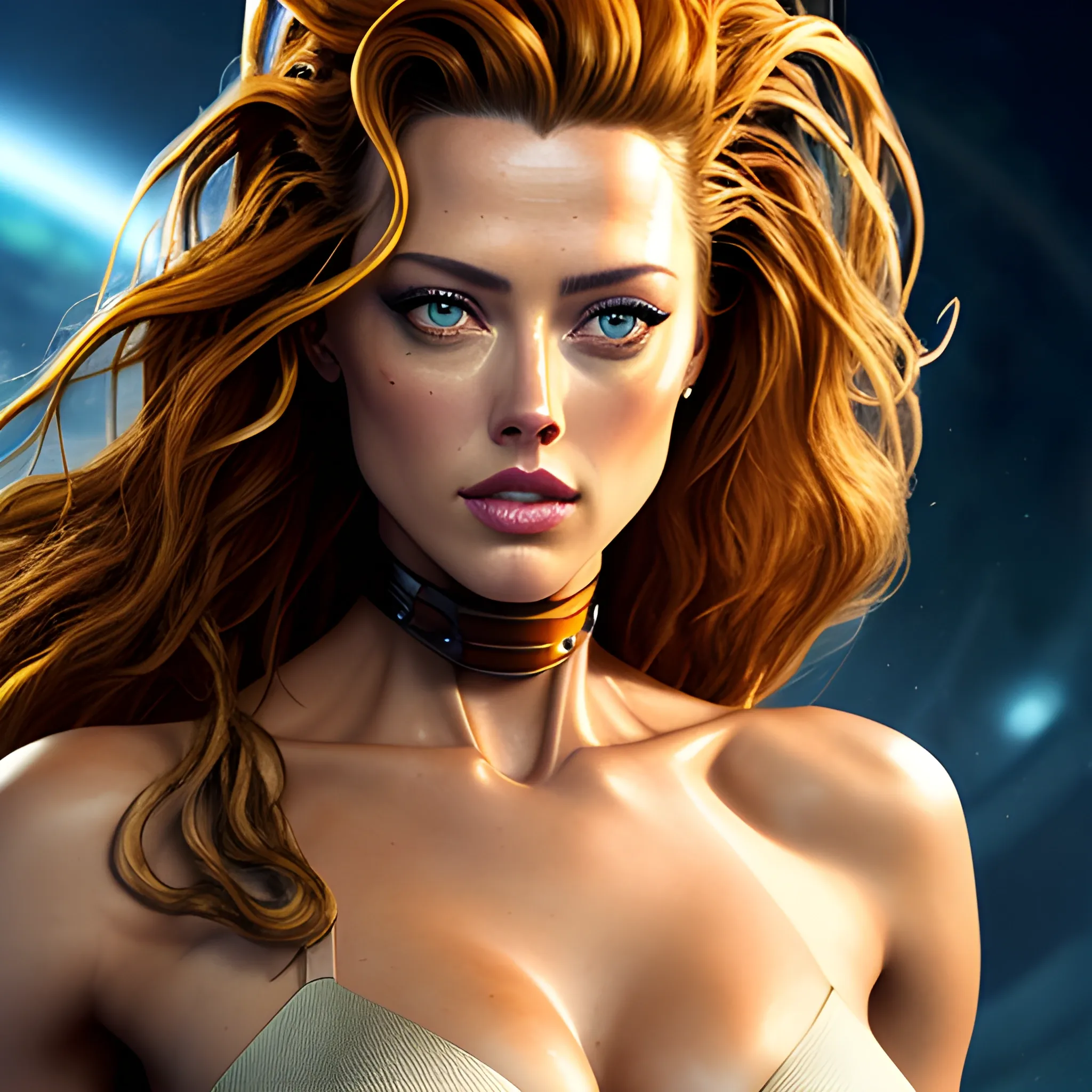 (Emily DiDonato:Amber Heard:0.9), as a beautiful fit petite  space cowgirl in a starship, Fifth Element, fit legs, science fiction, full length, detailed eyes, hyperdetailed face, complex, symmetrical face, sharp focus, perfect, model, close-up,  textured, looking into the camera,science fiction, chiaroscuro, professional make-up, realistic, rough, gritty, figure in frame ,