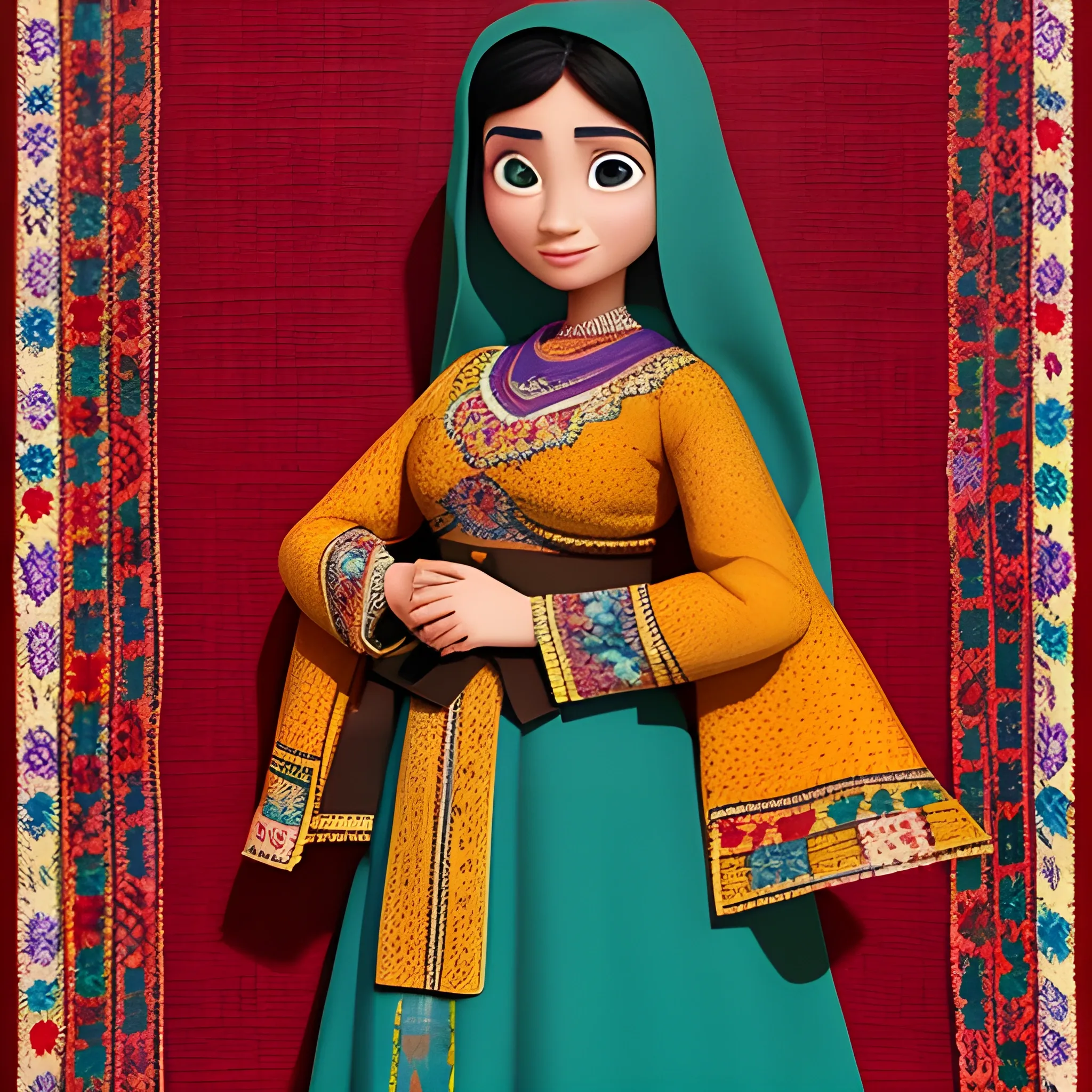 Pixar-style Afghan woman in traditional clothing 