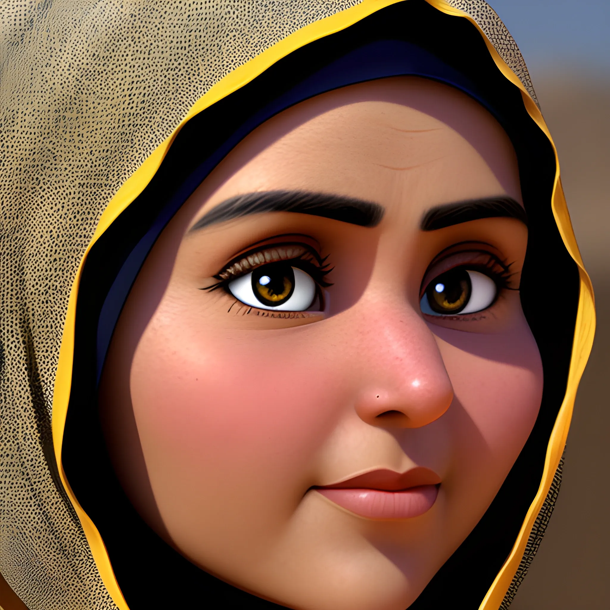 Pixar-style Afghan woman in traditional clothing in Afghanistan close-up