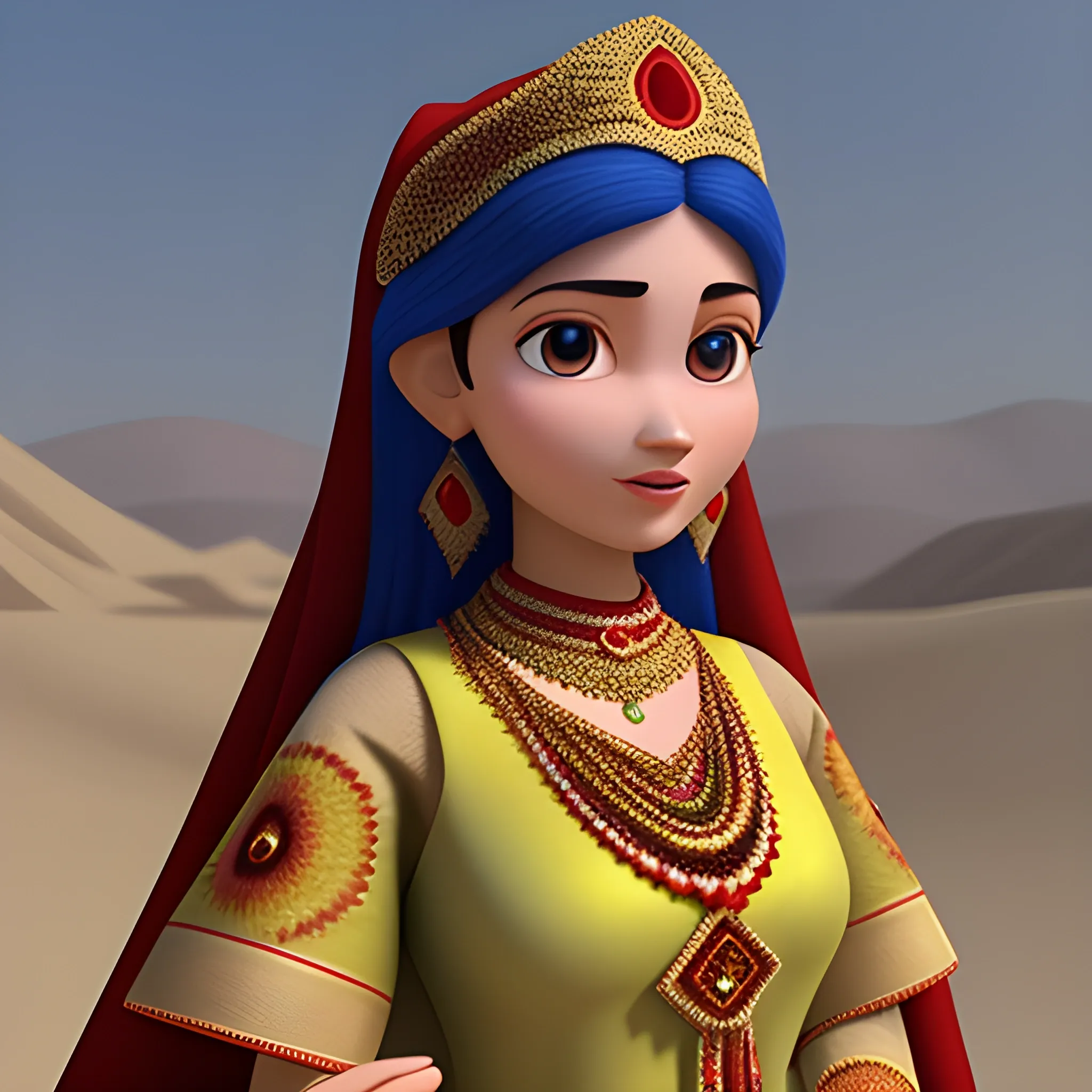 Pixar-style Afghan princess in traditional clothing in Afghanistan, 3D