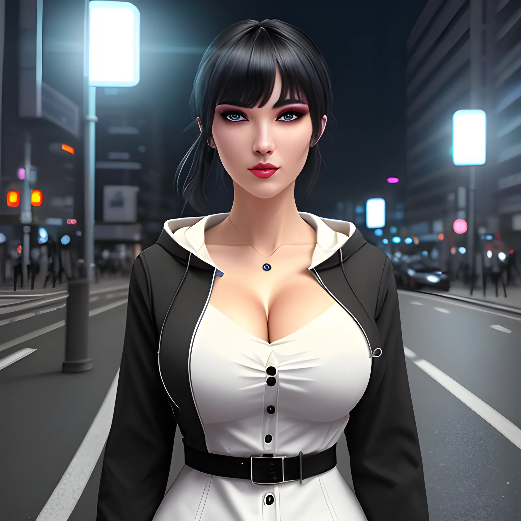 1girl, arms_behind_back, bangs, belt, black_hair, bow, breasts, buttons, door, dress, earrings, hair_bow, indoors, jewelry, lips, looking_at_viewer, medium_breasts, sleeveless, solo, (8k, RAW photo, best quality, masterpiece:1.2), (realistic, photo-realistic:1.37), ultra-detailed,full body,1 girl, solo,beautiful detailed sky,detailed tokyo street,night,beautiful detailed eyes,beautiful detailed lips,professional lighting, photon mapping, radiosity, physically-based rendering,extremely detailed eyes and face, beautiful detailed eyes,light on face,cinematic lighting, short jacket,hoodie,school uniform,1girl,full body,full-body shot,see-through,looking at viewer,outdoors,((white hair)), Pencil Sketch