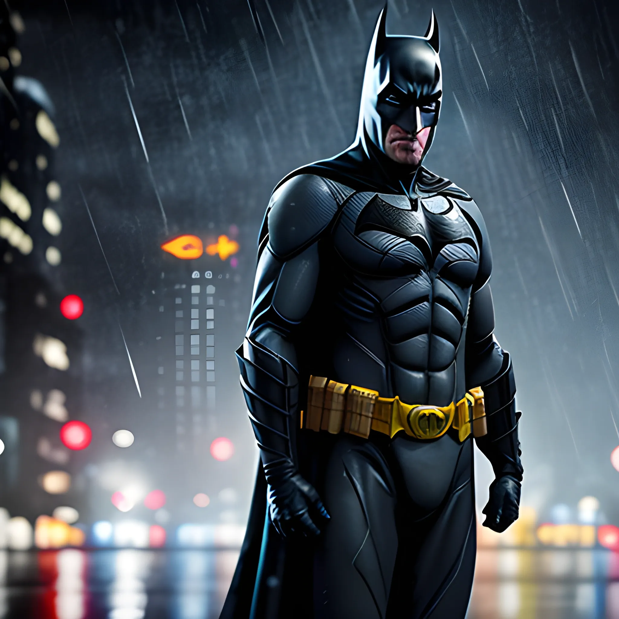 photorealistic image, hi res, 8k of michael keaton as batman, standing in the rain, at night, Angrily starring at the monitor, piercing blue eyes, full body, ominous smile, dimmed lighting,  , evil grim, bokeh lighting, 