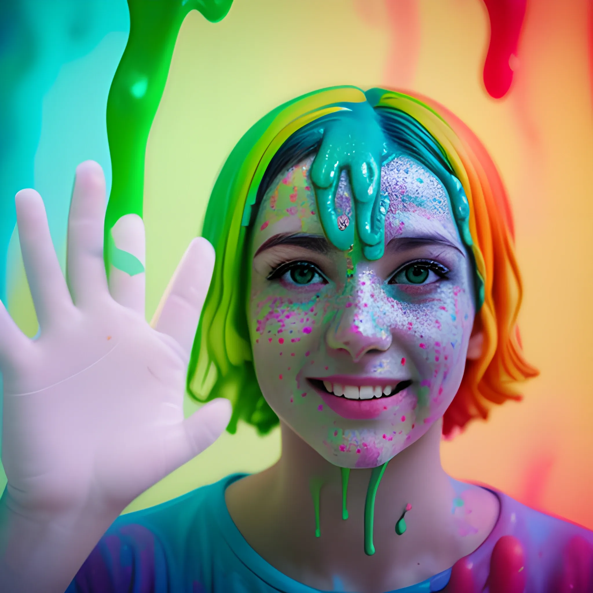 photo of woman completely covered in colorful slime, high quality photograph, bokeh, gobo light, rim light, volumetric light, depth of field, analog, kodachrome, slight smile, foreground bokeh