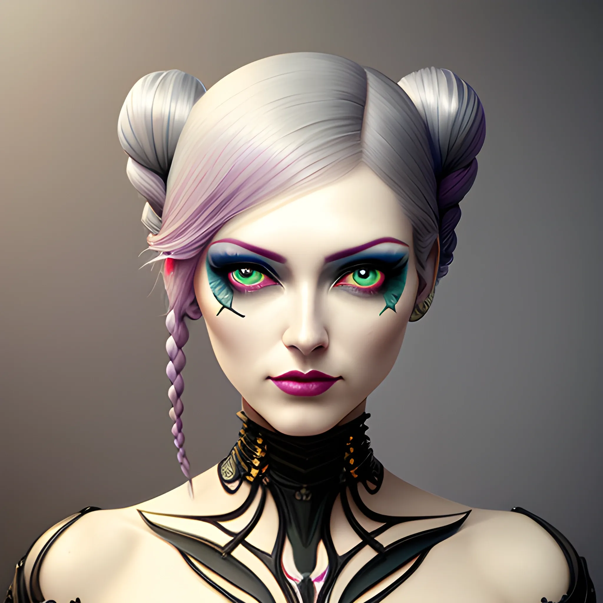 (((Full body image))), surrealism, satin. symmetrical cute girl model beauty smile silver hair pastel punk makeup hues of neon rim light pony tails french braid, 12 years old, giant eyes. intricately detailed, hyper realistic, oil painting, concept art, 3D, 8K resolution, trending on artstation, trending on cgsociety, ray trace reflections, octane render, unreal engine 5, sharp focus, studio lighting, Wassily Kandinsky, Catrin Welz-Stein, Tom Bagshaw, Audrey Kawasaki, Alberto Seveso, José Vergara, Maxfield Parrish, Rembrandt, Mattias Adolfsson, Greg Rutkowski,
