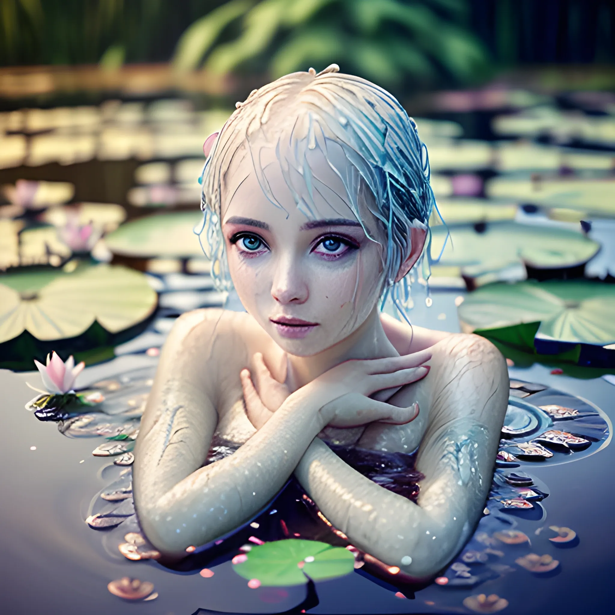 beautiful pixie woman emerging from a pond, detailed eyes, wet hair, beautiful feminine face, lotus flowers, lily pads, wet, dripping, masterpiece, best quality, high contrast, soft lighting, backlighting, bloom, light sparkles, chromatic aberration, smooth, sharp focus