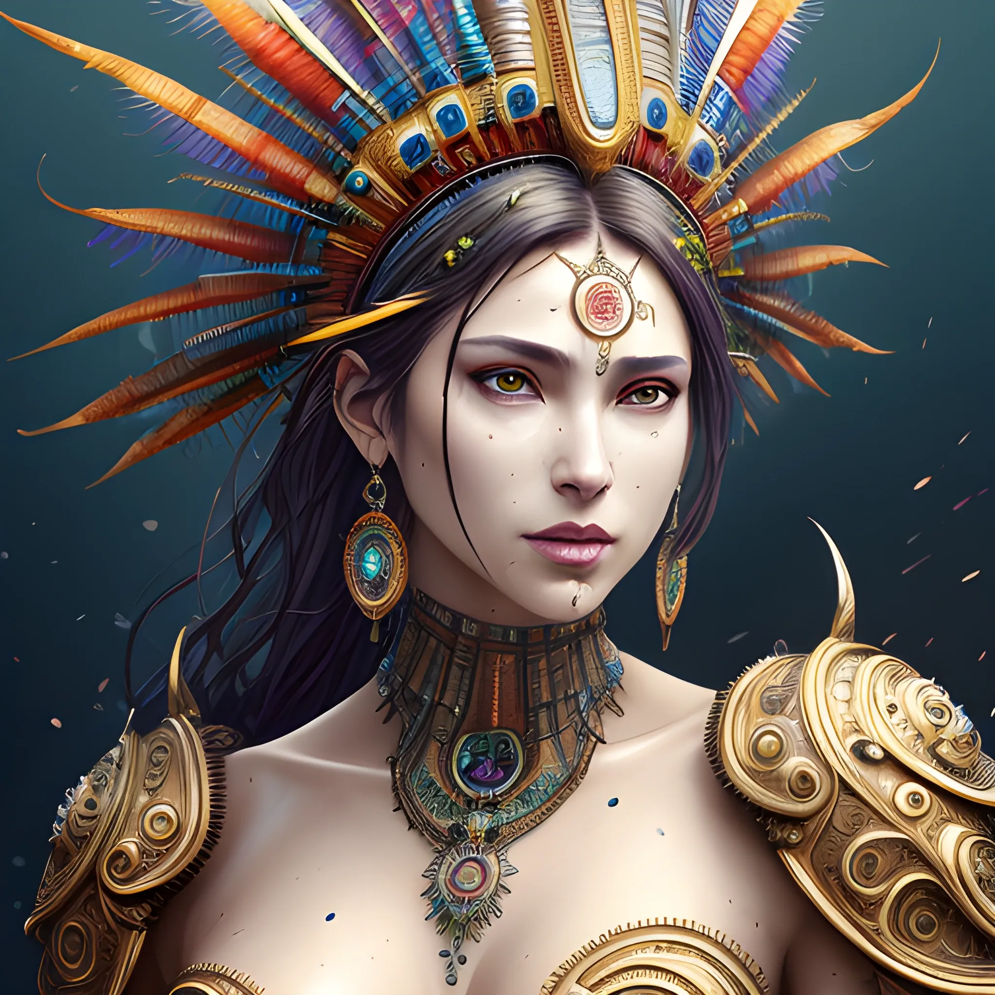 Beautiful woman wearing a elaborate colorful featured headdress, best quality, masterpiece, realistic, detailed, 32k resolution, close-up, art by Wadim Kashin, art by luis royo, clear face, colorful, simple background, splash screen, award-winning artwork, spot color, realistic face, detailed skin texture, detailed beautiful face, detailed hair, detailed human eyes, detailed mouth, detailed arms, detailed bust, sharp focus