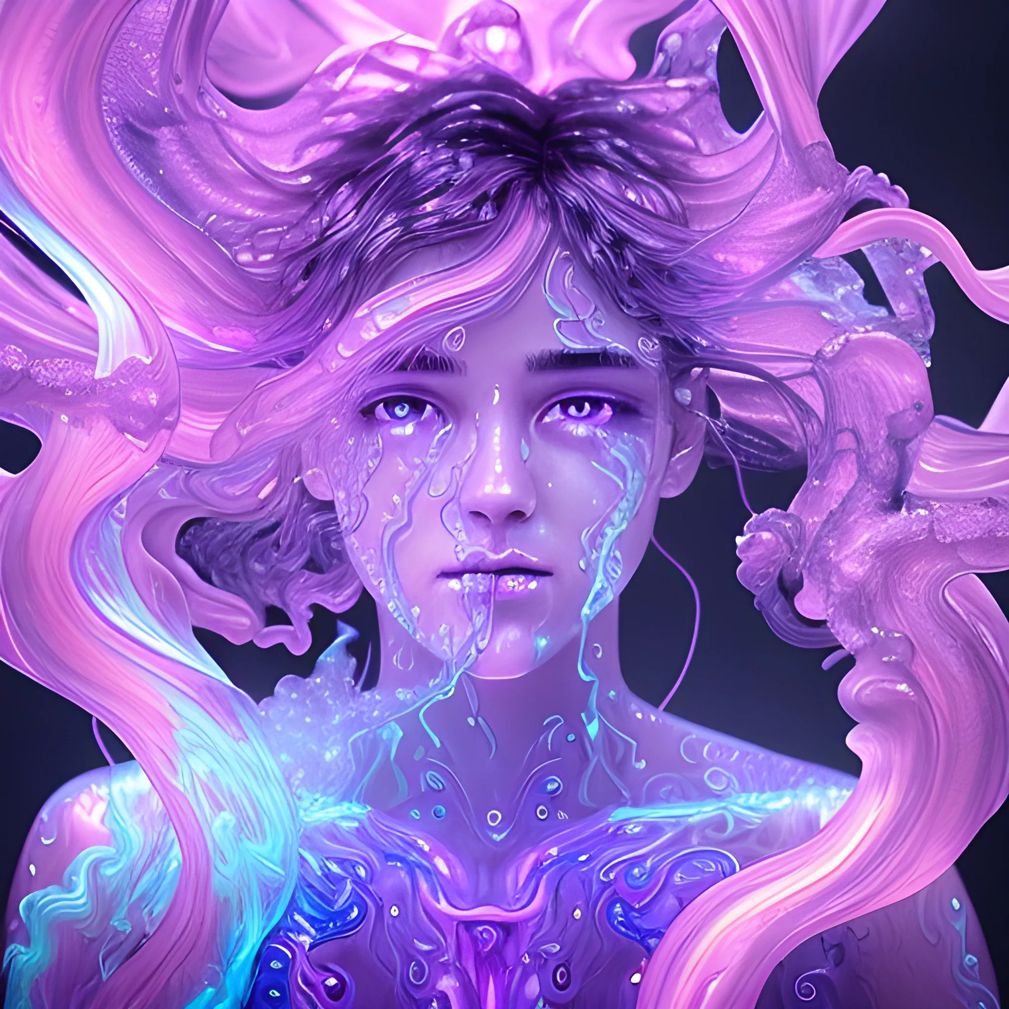 flow of water around the body, Detailed water fluid with neonlights, body, translucent, purple lightning and Smoke that looks like transparent face, amazingly fluid smoke, very cute, intricate detailed, light particles, neon colors, detailed face, detailed eyes