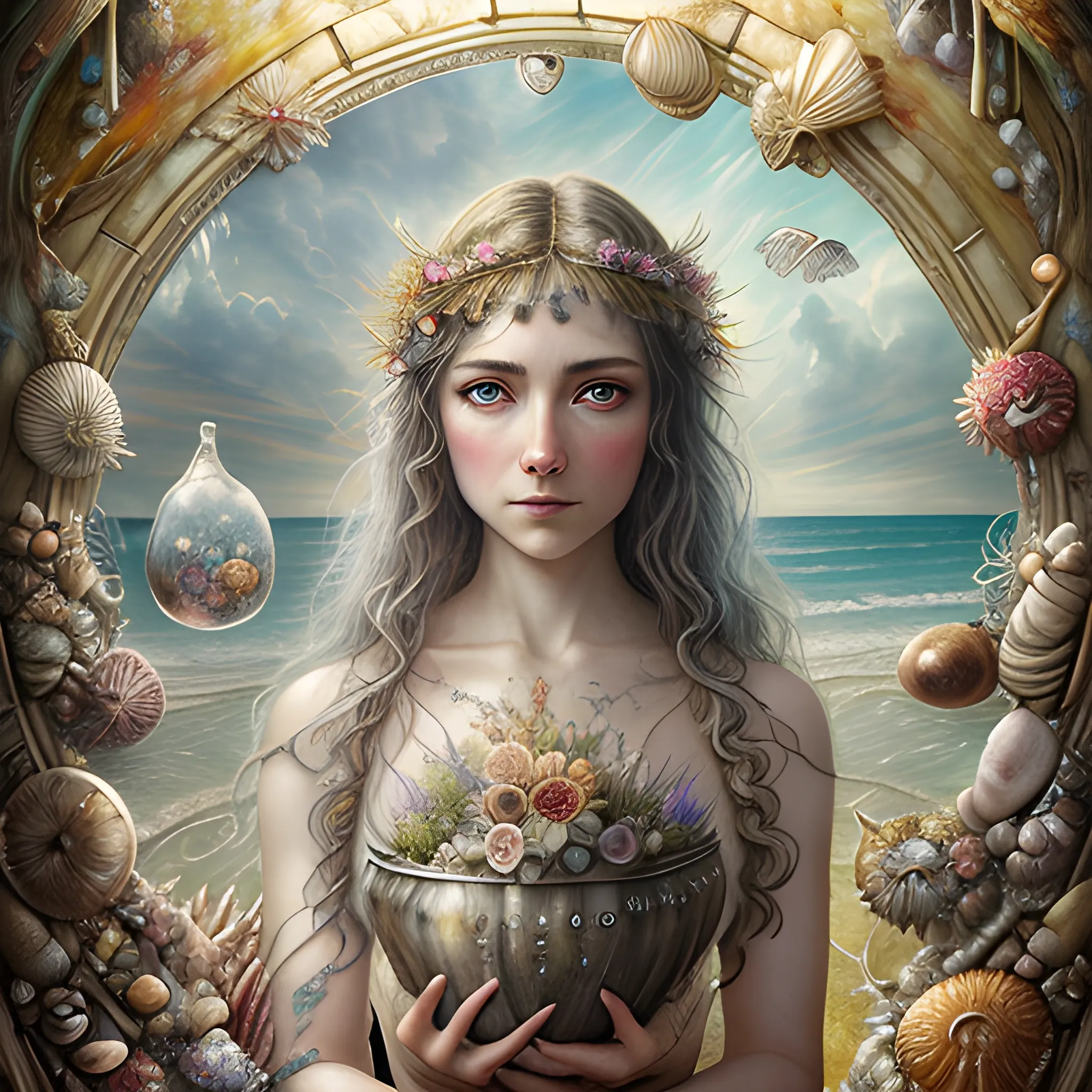 Majestic Summer art by cameron gray and Bella Kotak Baroque epic poster, beach jars, stones, shells, watercolor painting, Jean-Baptiste Monge style, bright, beautiful in spring, splash, big perfect eyes, rim lighting, lights, magic, fantasy, digital art, wlop, artgerm and james jean