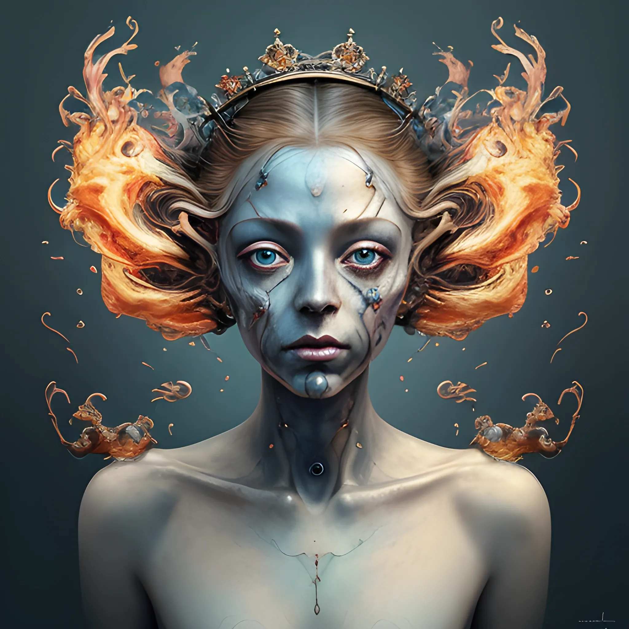 a painting of a woman stange alien wearing a méga big eyes very big head by Alberto Seveso and Agnes Cecile and Carne perfect teeth, sad, James Christensen, dark blue background, Lou Xaz"c, intrincate details, 8k, 4k, photorealistic, polished, very attractive, overwhelming, sublime, graceful, very stylish, pretty, glamorous, charming, very refined by Dariusz Zawadzki, by Alfred Sisley, highly detailed, extremely detailed, delicate detail, crisp quality, ultra realistic, hyperrealistic, award jenny saville, edward hopper, surrealism, dark art by james jean, takato yamamoto, inkpunk minimalism, realistic colors, hyperrealistic, hdr, delicate detail, highly detailed, masterpiece, very beautiful, adorable, marvelous, exquisite, captivating, alluring, award winning, spectacular, trendy, polished, very cute, glorious, fabulous, excellent, astonishingDark colors, Alasdair McLellan, digital painting; Crown over the head, by Daniel Merriam, Nikolina Petolas, Peter Gric, Dariusz Klimcza full colors, hair backlighting, back lighting, volumetric lighting, 8K, perfect eyes, perfect pupils, expressive eyes, hands by Albrecht Durer, smoke, particle fx, mist, fog, fire, explosions, debris