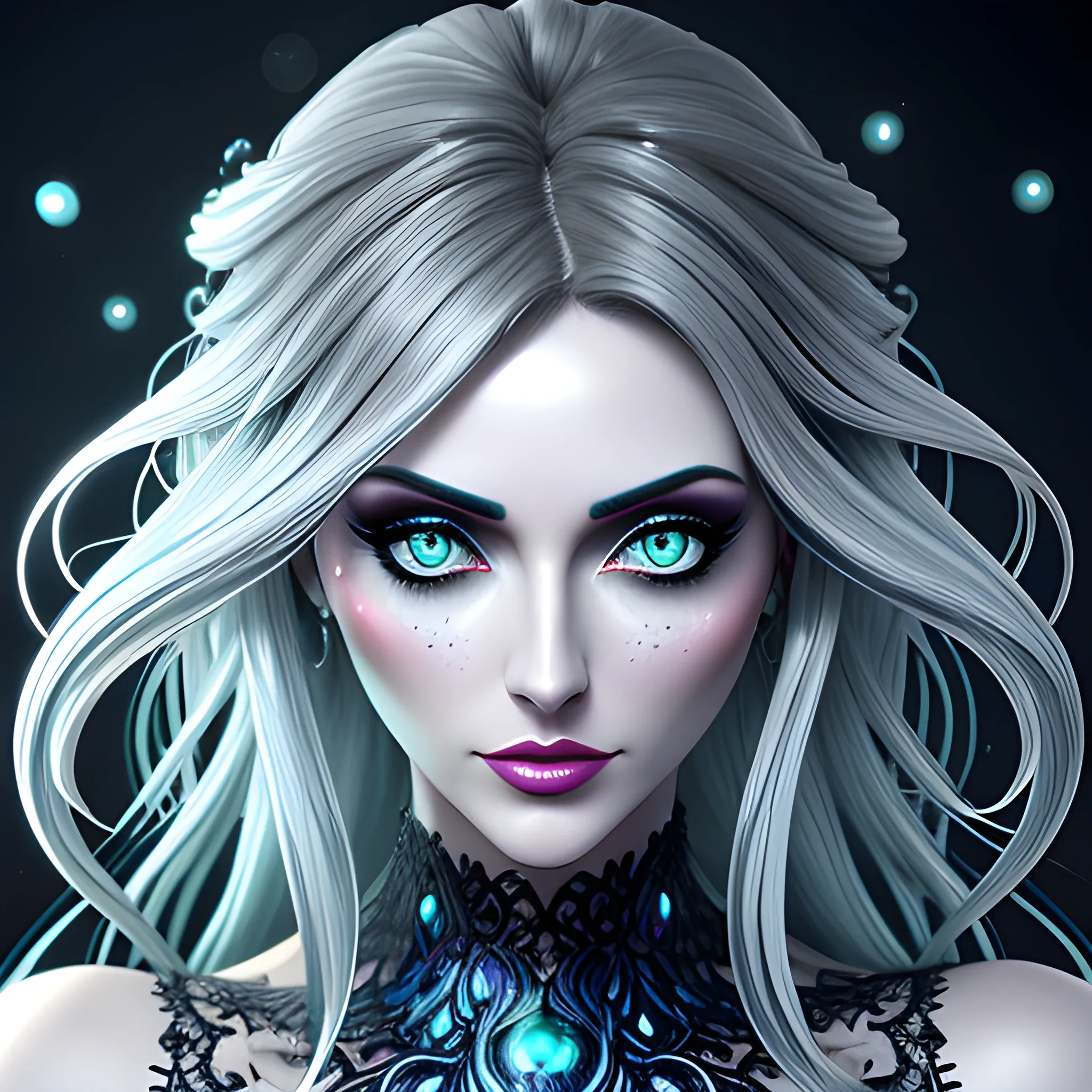 a cute european girl with big eyes. dark splash art, dark texture, close up, silver, sky blue, green, dark blue, grey golden, liquid ice flowers, filigree, filigree detailed, big swirling blizzard, color drops, color waves, 32k, smooth, cinematic quality, hyperrealism, masterpieces, lush vivid colors, backlighting hair, back lighting, volumetric lighting, award winning artwork, warm colors, contrast, mystical, fantasy, dynamic lighting, lights, detailed, octane render, perfect anatomy. eyes of perfect proportions