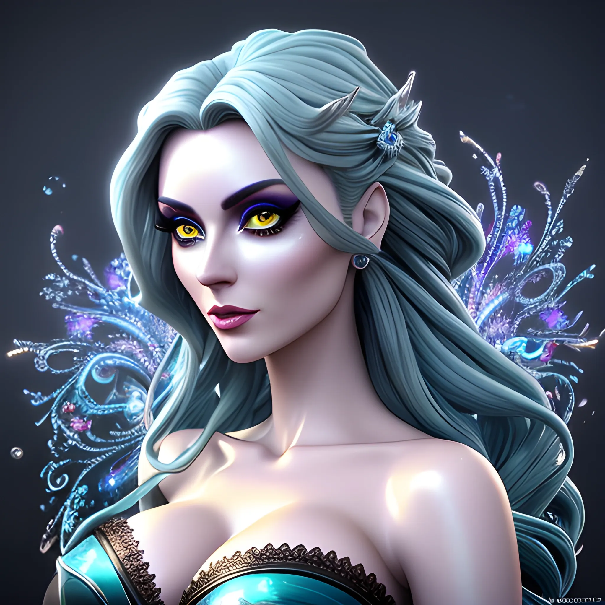 a cute european girl with big eyes. dark splash art, dark texture, close up, silver, sky blue, green, dark blue, grey golden, liquid ice flowers, filigree, filigree detailed, big swirling blizzard, color drops, color waves, 32k, smooth, cinematic quality, hyperrealism, masterpieces, lush vivid colors, backlighting hair, back lighting, volumetric lighting, award winning artwork, warm colors, contrast, mystical, fantasy, dynamic lighting, lights, detailed, octane render, perfect anatomy. eyes of perfect proportions