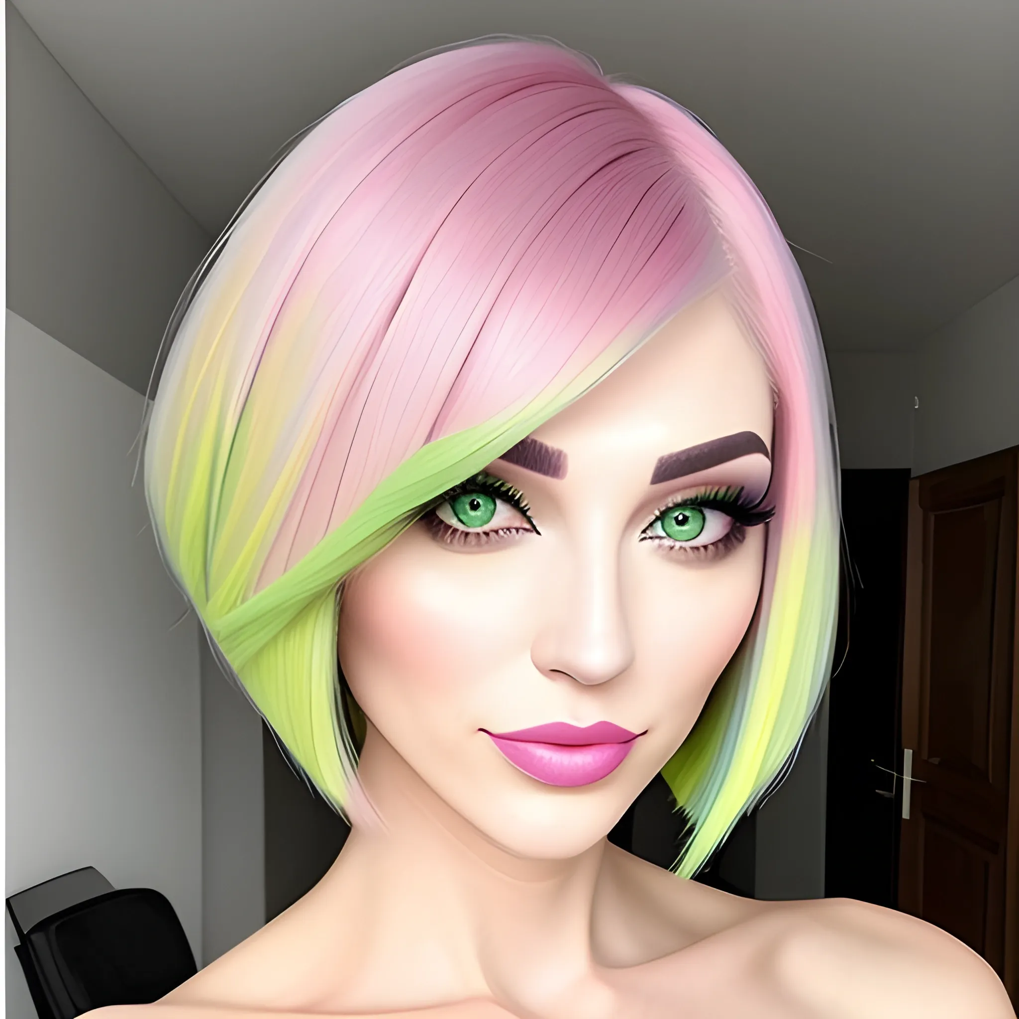 (masterpiece, top quality, best), 1girl, bob cut, colorful hair, soft pink lips, green eyes