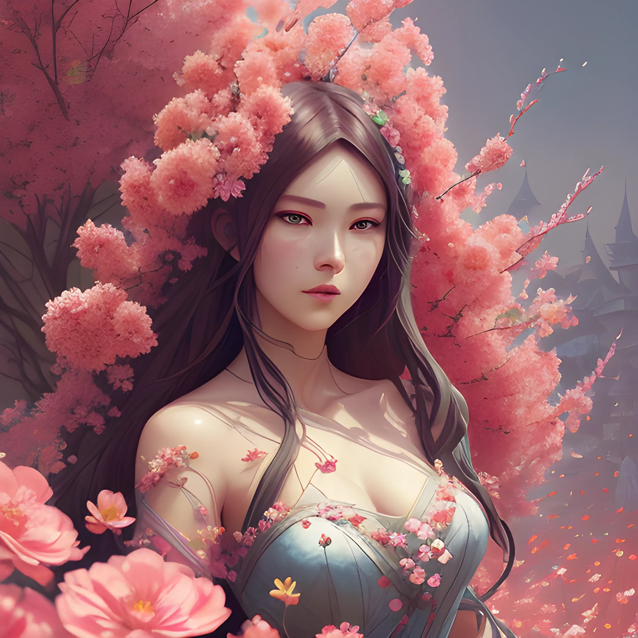 3d concept art, picture of a woman surrounded by flowers, digital art, by Li Song, fantasy art, guweiz style artwork, artgerm. high detail, beautiful composition, digital painting - n 5, details and vivid colors, painting style, soft red color tones, realistic, cinematic quality, 12k resolution, complex details, perfect clarity