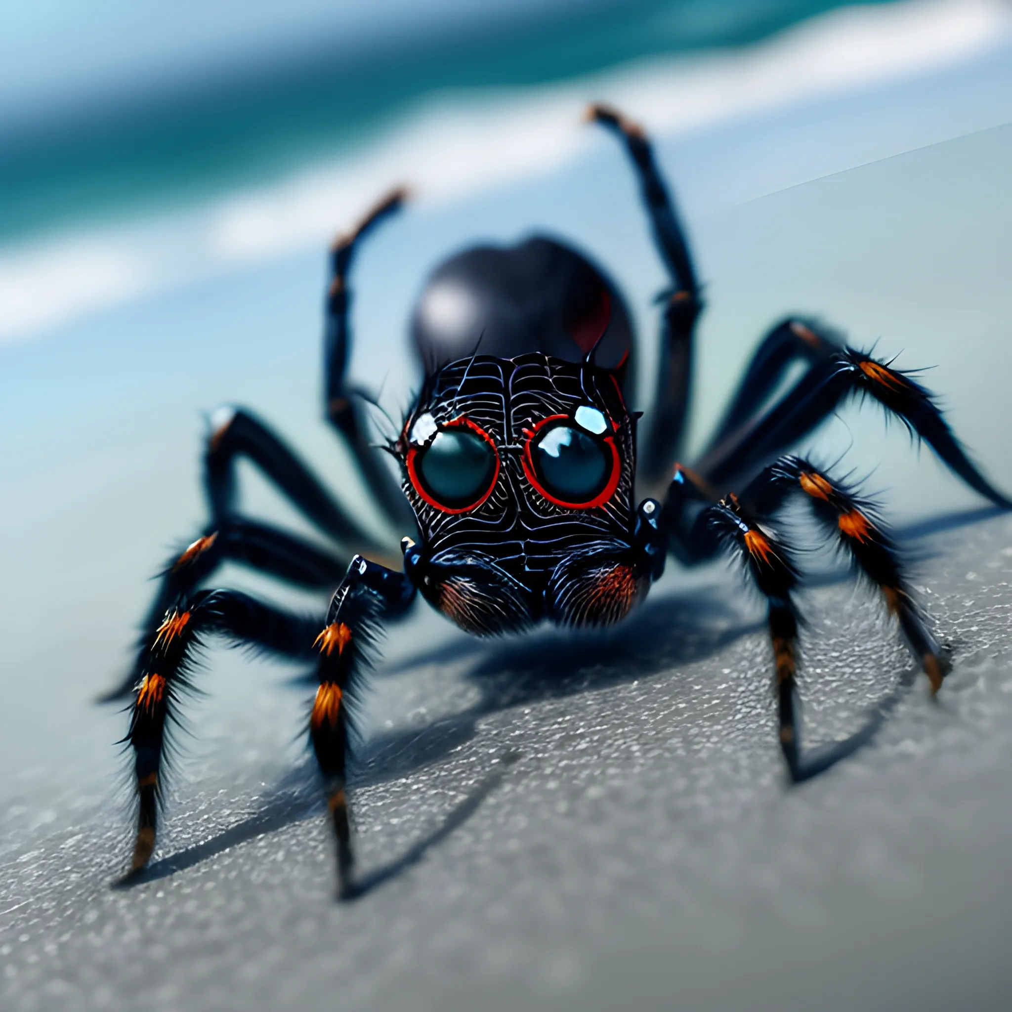 Spider, ocean, hyper realistic, best quality, 32k, ultra realistic, ultra focus, ultra detailed, ultra hd, concept portrait, Microsoft fotoğrafie, black and patel, look at the camera