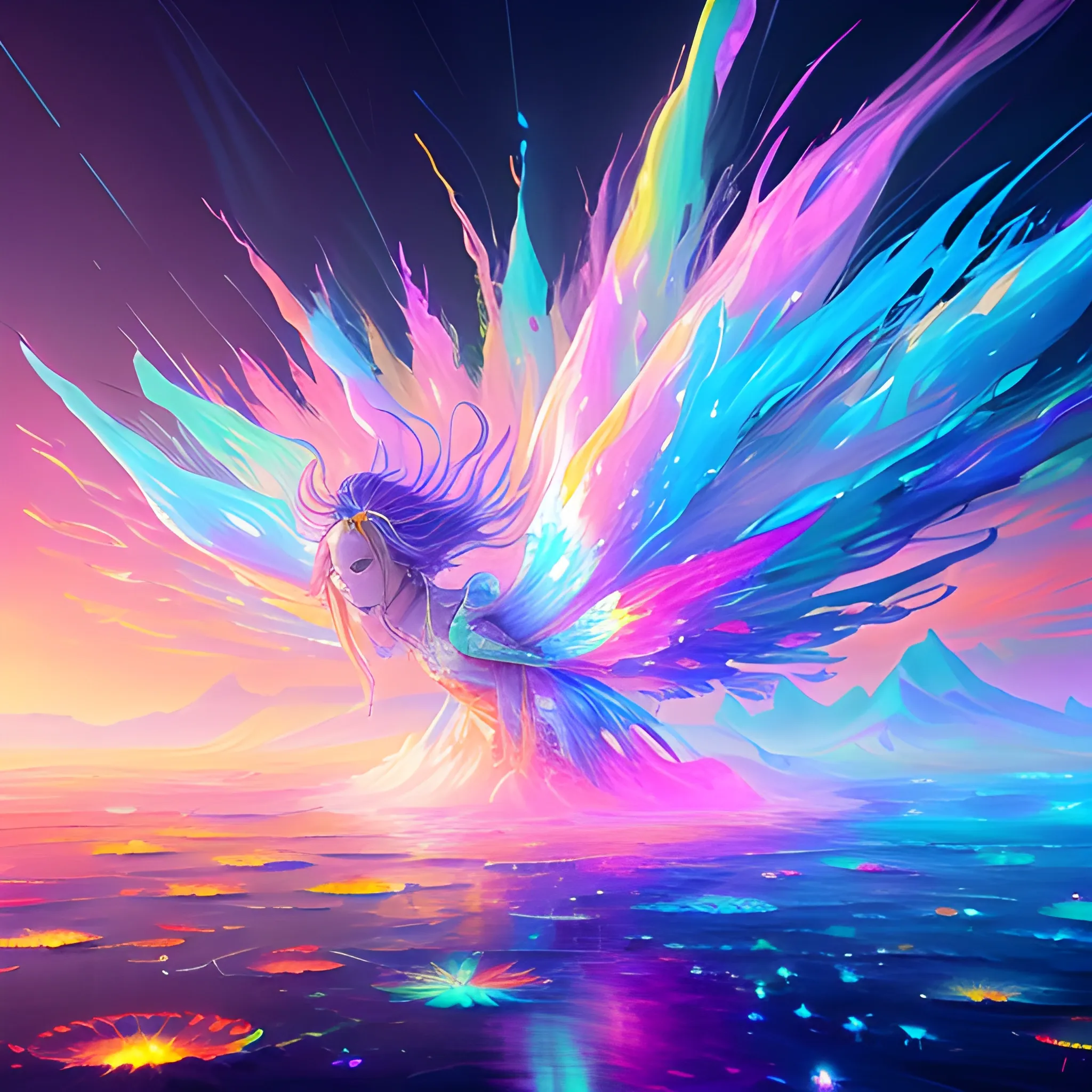 olpntng style, An ethereal spirit in the colorful sky, shrouded in shimmering mists that pulsate and ripple to a pulsing synth beat.  Extremely detailed fantasy art station, rendered volumetric effects, 8K HD., oil painting, heavy strokes, paint dripping


