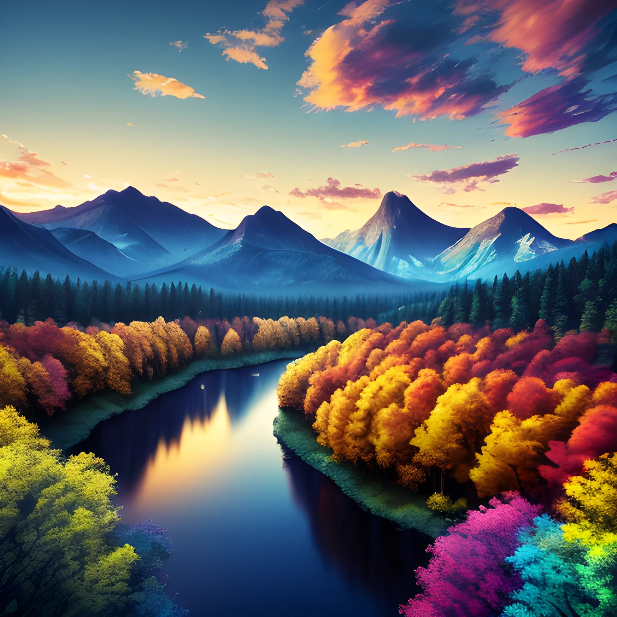 Colorful landscape, black river, gold clouds, background mountains, blue forest, realistic, 4k, high definition