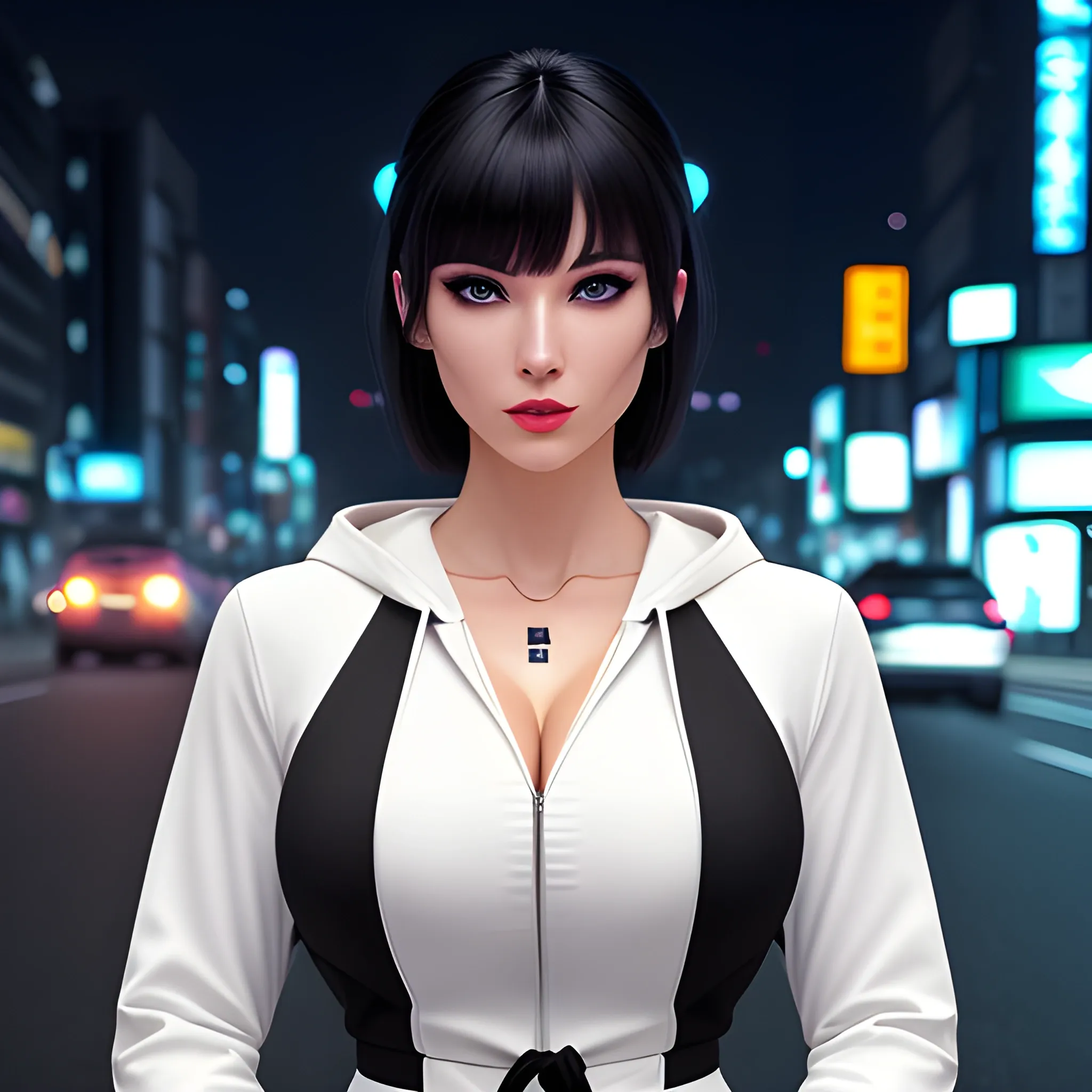 1girl, arms_behind_back, bangs, belt, black_hair, bow, breasts, buttons, door, dress, earrings, hair_bow, indoors, jewelry, lips, looking_at_viewer, medium_breasts, sleeveless, solo, (8k, RAW photo, best quality, masterpiece:1.2), (realistic, photo-realistic:1.37), ultra-detailed,full body,1 girl, solo,beautiful detailed sky,detailed tokyo street,night,beautiful detailed eyes,beautiful detailed lips,professional lighting, photon mapping, radiosity, physically-based rendering,extremely detailed eyes and face, beautiful detailed eyes,light on face,cinematic lighting, short jacket,hoodie,school uniform,1girl,full body,full-body shot,see-through,looking at viewer, outdoors,((white hair))