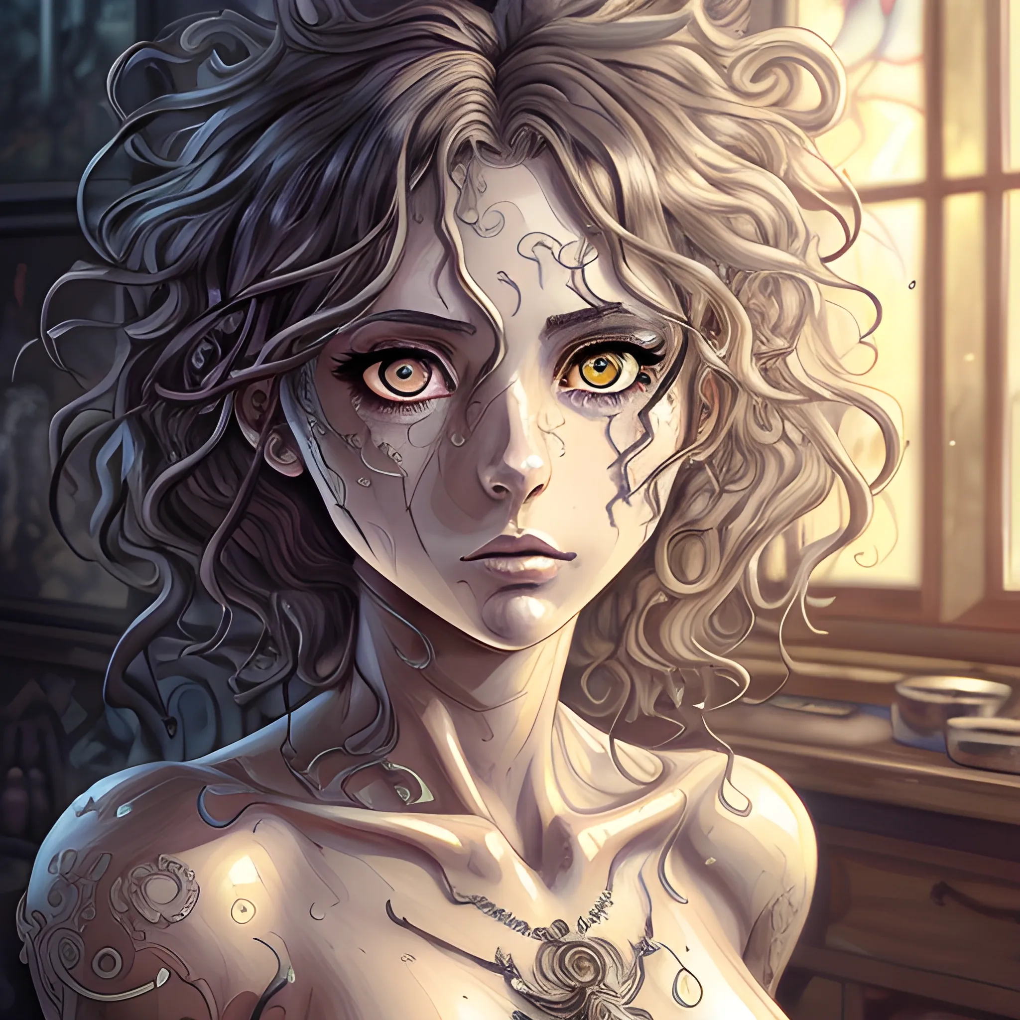 Super Sexy topless Woman, anime style, messy curly hair, very thin lines, handy lines, advertise pigment pen style, magical, rough, rough shading, stylize 1000, line art, rugged, big eyes, reflective eyes, perfects eyes, Gritty Realism, dark, glowing eyes, anime style, intricate detailed, fantasy, concept art, digital art, intricate, oil on canvas, masterpiece, expert, insanely detailed, 4k resolution, sunbeams, fairy tale illustration, fantasy, filigree


