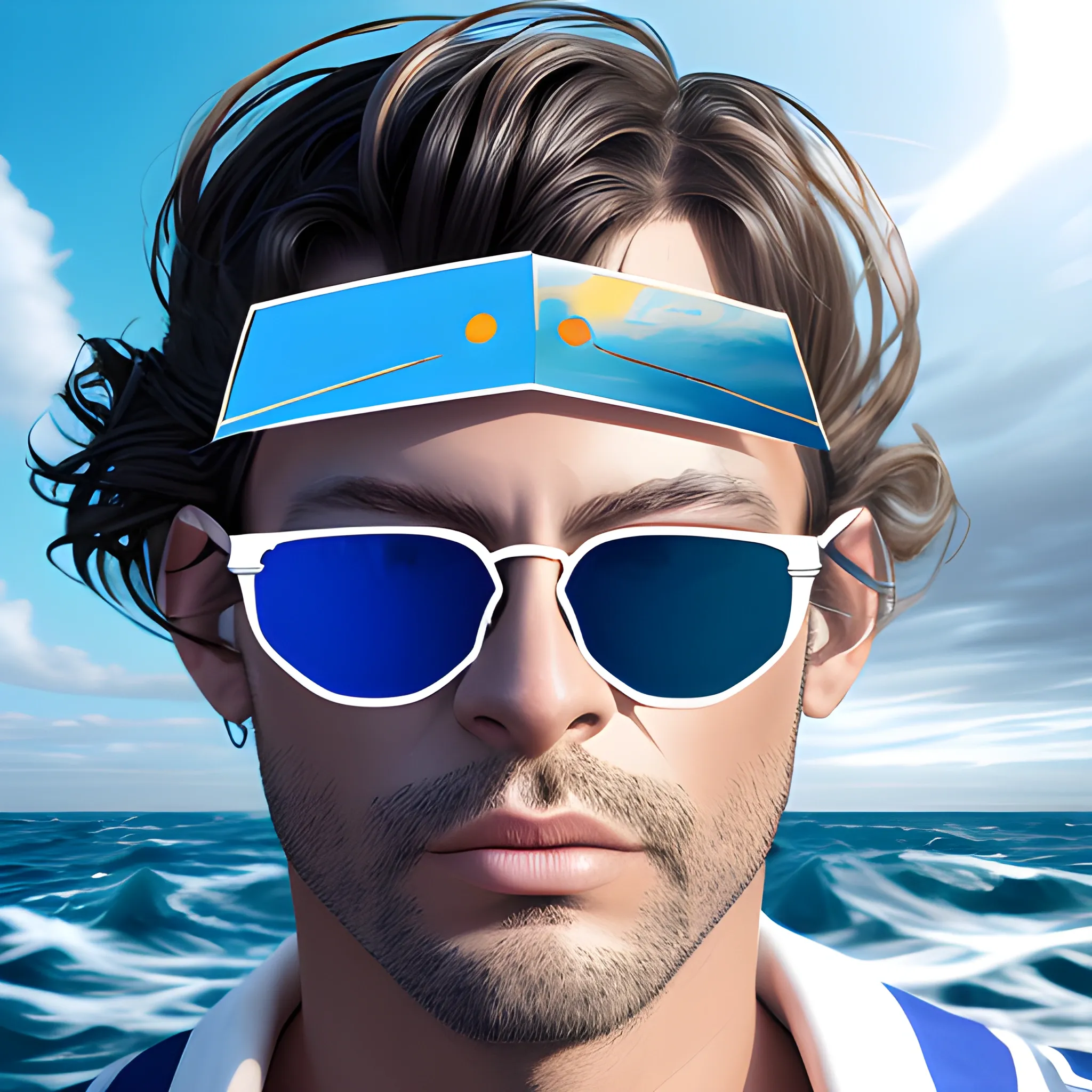 Digital Art of Wild Sailor, on a boat in rough seas, wearing,blue mirrored lenses, sunglasses  