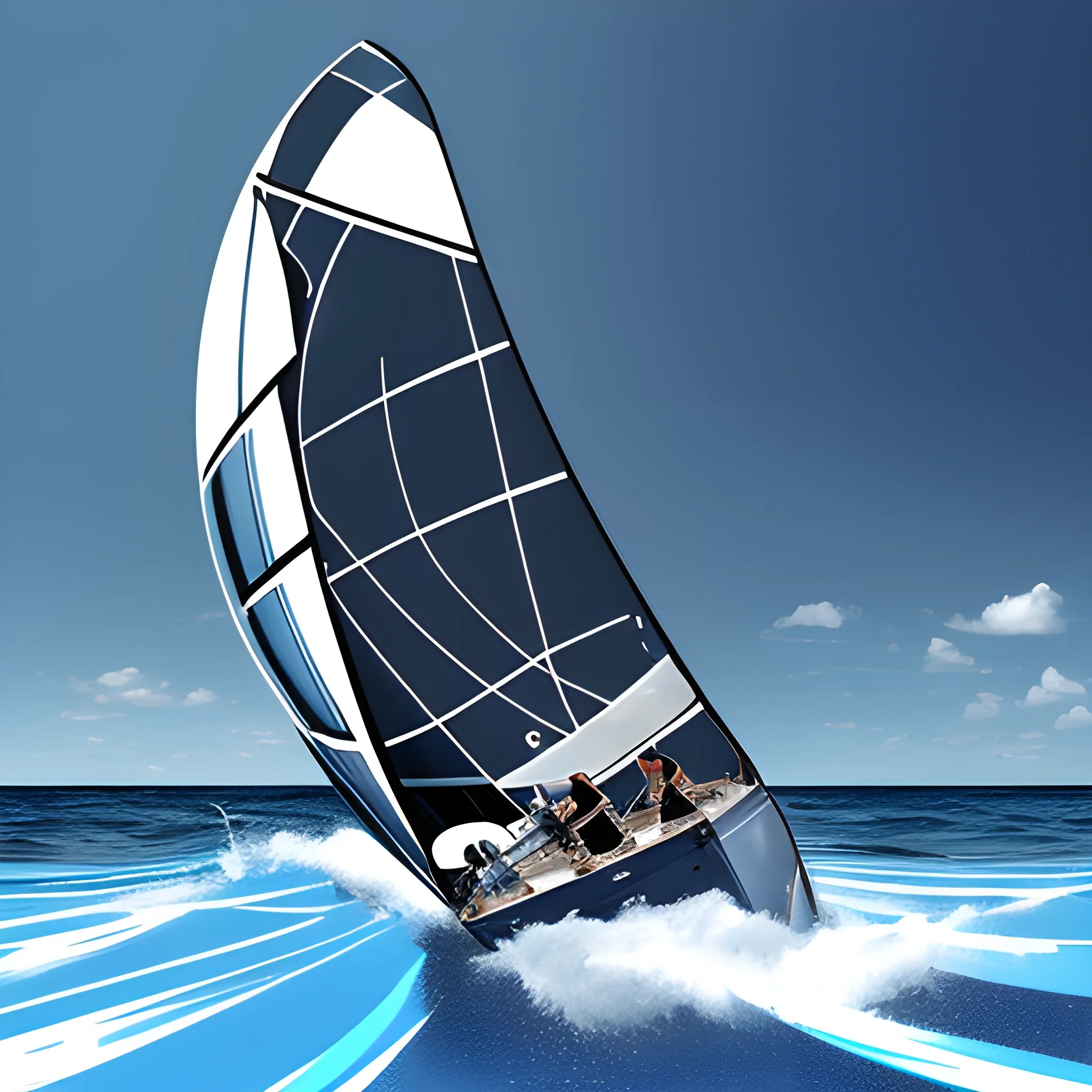 Digital Art of a full-body deckhand on a sailboat, sailing through rough seas, wearing, blue mirrored lenses, black frame sunglasses. 