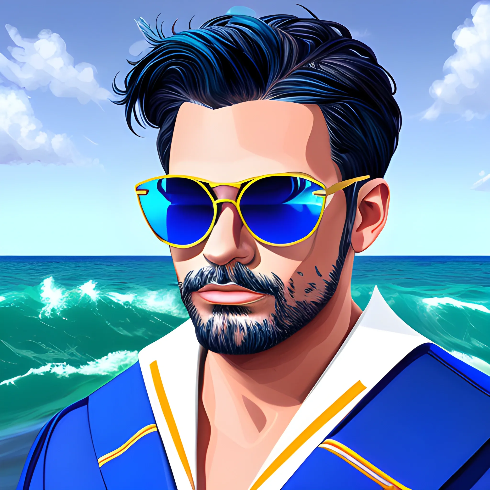 Digital Art of Wild Sailor, on a boat in rough seas, wearing,blue mirrored lenses, sunglasses  , Cartoon