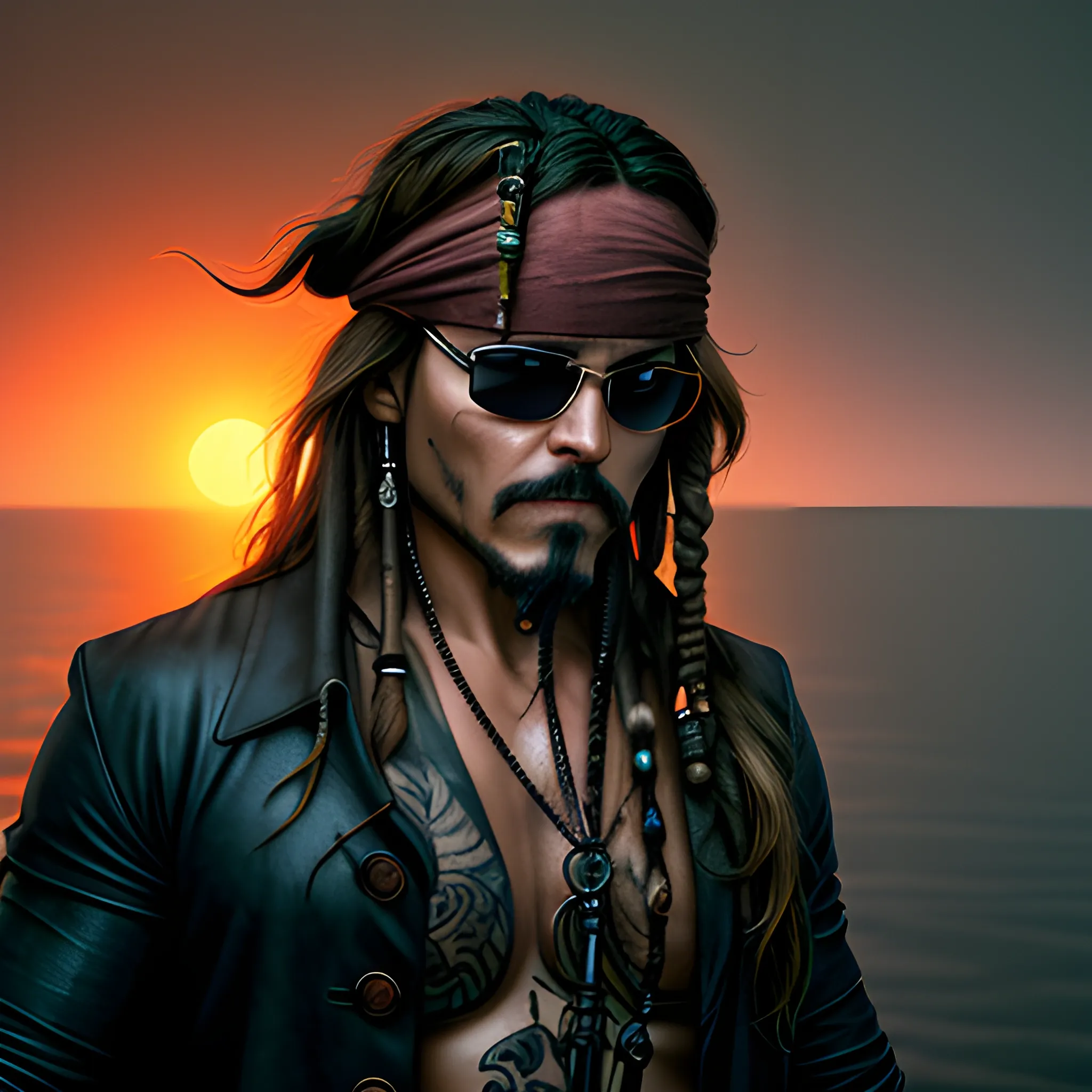 photorealistic image, hi res, 8k of a character similar to Jack Sparrow, a strong man, with a sense of power, swallows tattoos, standing in the rain, at sunset, Angrily starring at the monitor, all body facing to the monitor, using deep water Oakley sunglasses, add the reflection of the sun on the lenses, full body, ominous smile, dimmed lighting, , evil grim, bokeh lighting,