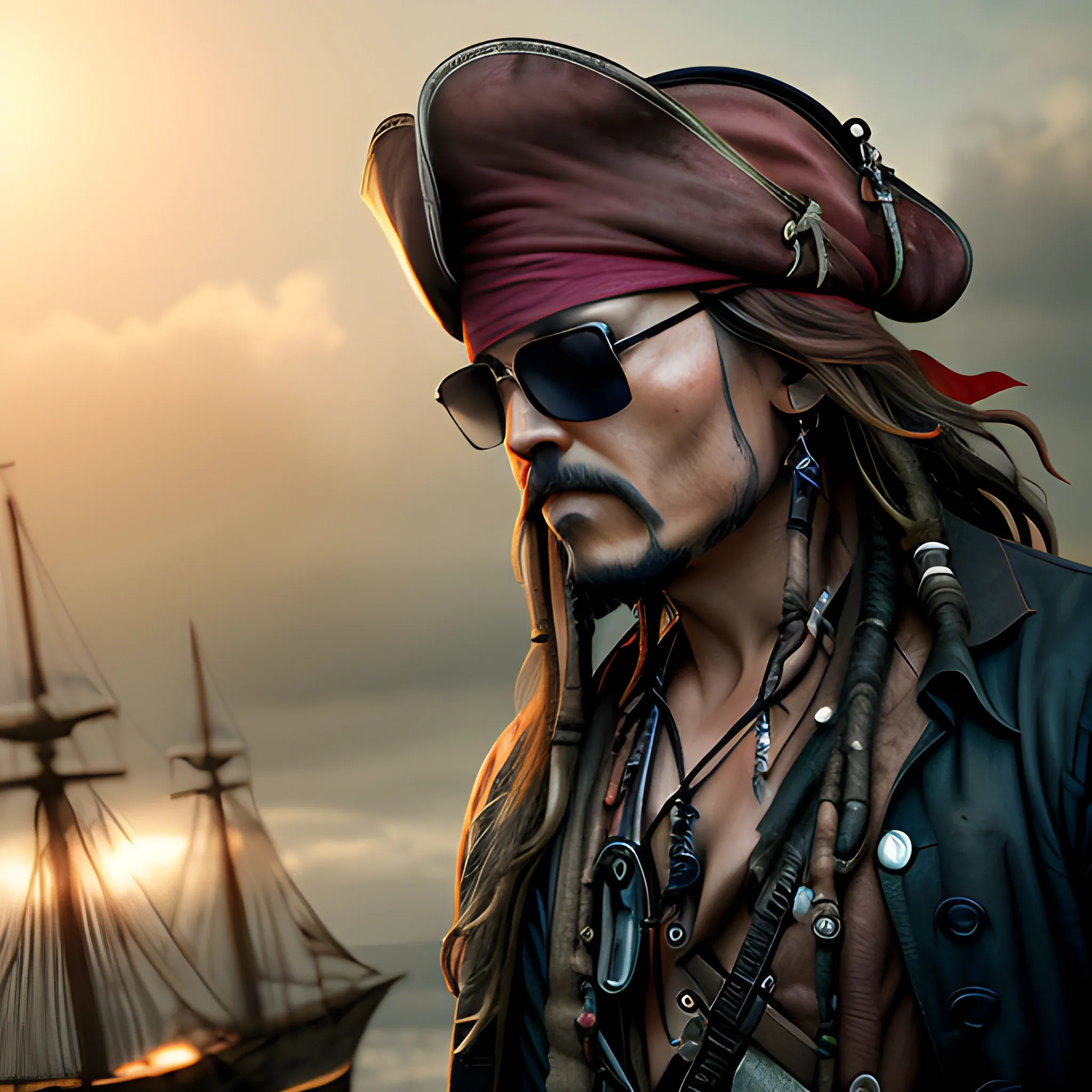 photorealistic image, hi res, 8k of a character similar to Jack Sparrow, a strong man, with a sense of power, swallows tattoos, no hat, standing in the rain, pirate boats in the background, Angrily starring at the monitor, all body facing to the monitor, using blue-mirrored Oakley sunglasses, add the reflection of the sun on the lenses, full body, ominous smile, dimmed lighting, , evil grim, bokeh lighting,