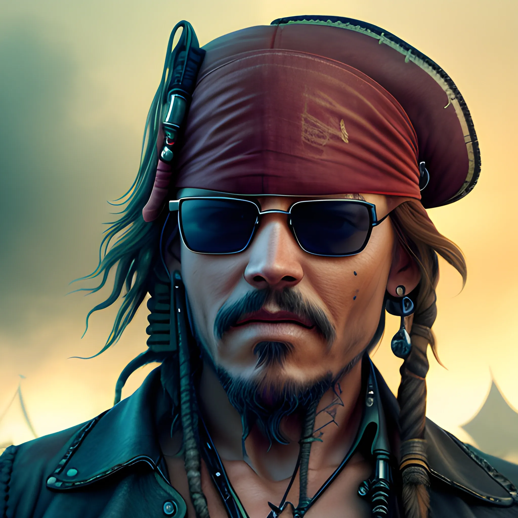 photorealistic image, hi res, 8k of a character similar to Jack Sparrow, a strong man, with a sense of power, swallows tattoos, NOT wearing a hat, standing in the rain, pirate boats in the background, Angrily starring at the monitor, all body facing to the monitor, using blue-mirrored Oakley sunglasses, ominous smile, dimmed lighting, , evil grim, bokeh lighting,