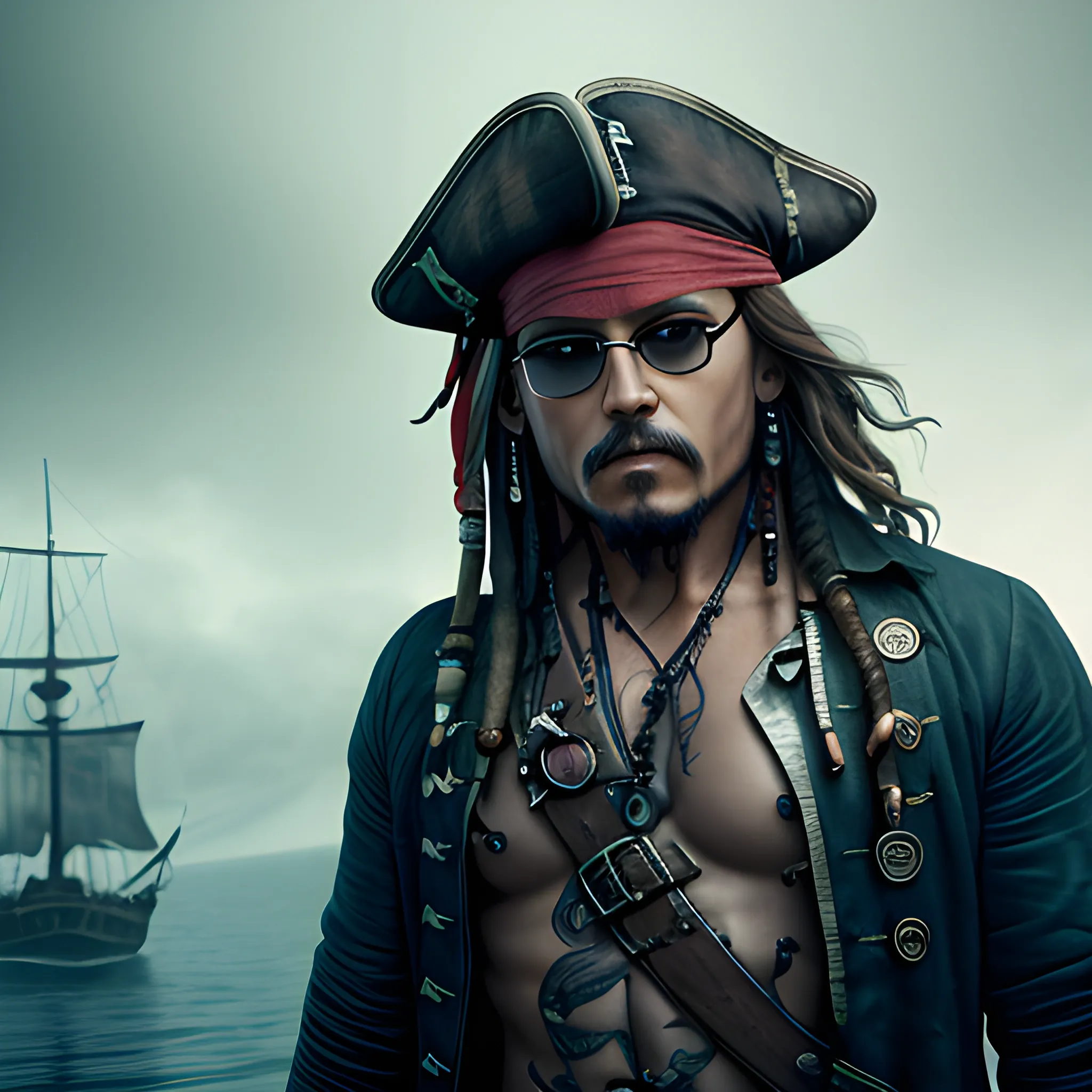 photorealistic image, hi res, 8k of a character similar to Jack Sparrow, a strong man, with a sense of power, swallows tattoos, NOT wearing a hat, standing in the rain, pirate boats in the background, Angrily starring at the monitor, all body facing to the monitor, using blue-mirrored Oakley sunglasses, ominous smile, dimmed lighting, , evil grim, bokeh lighting,