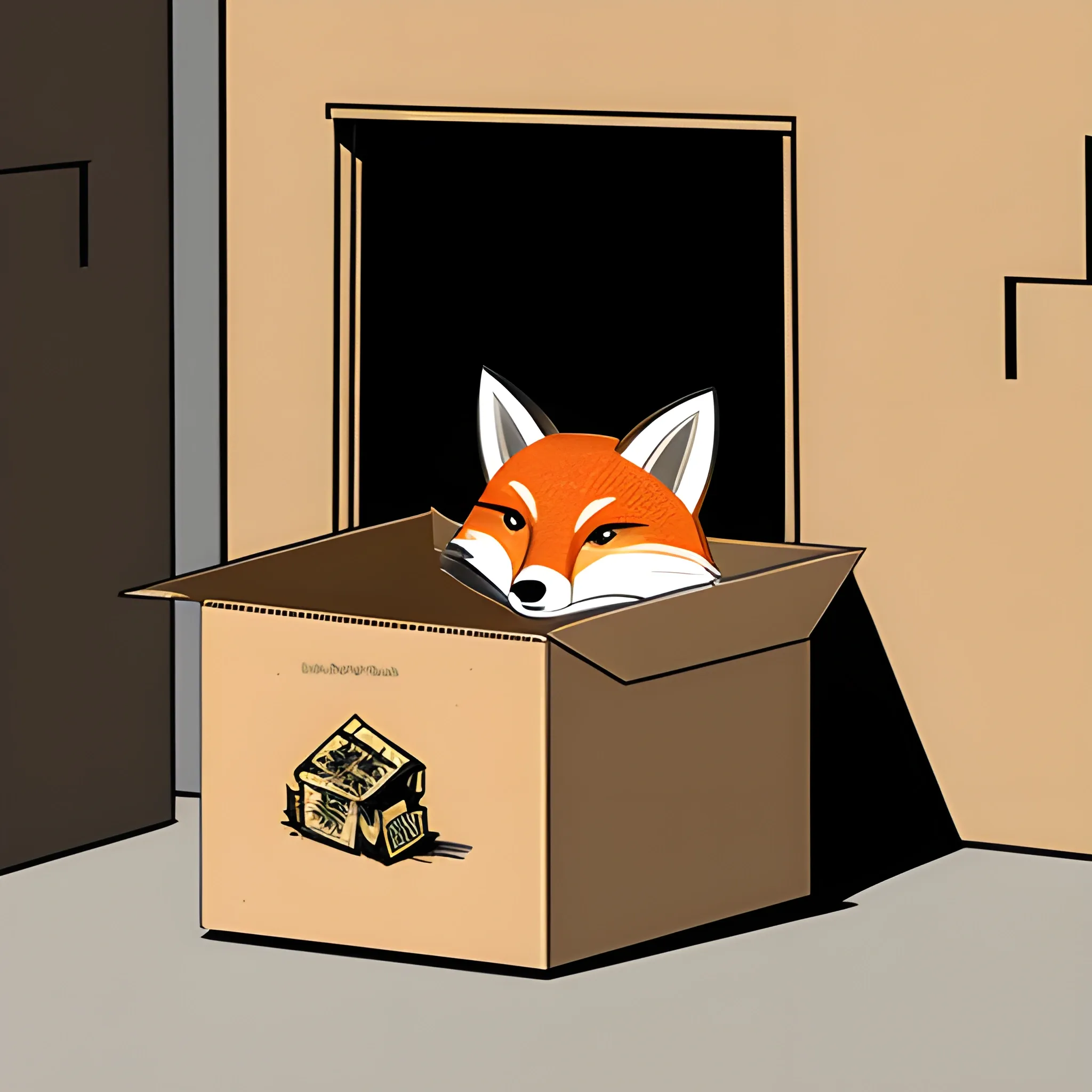 Young fox in a cardboard box in an alley with a badger , Cartoon