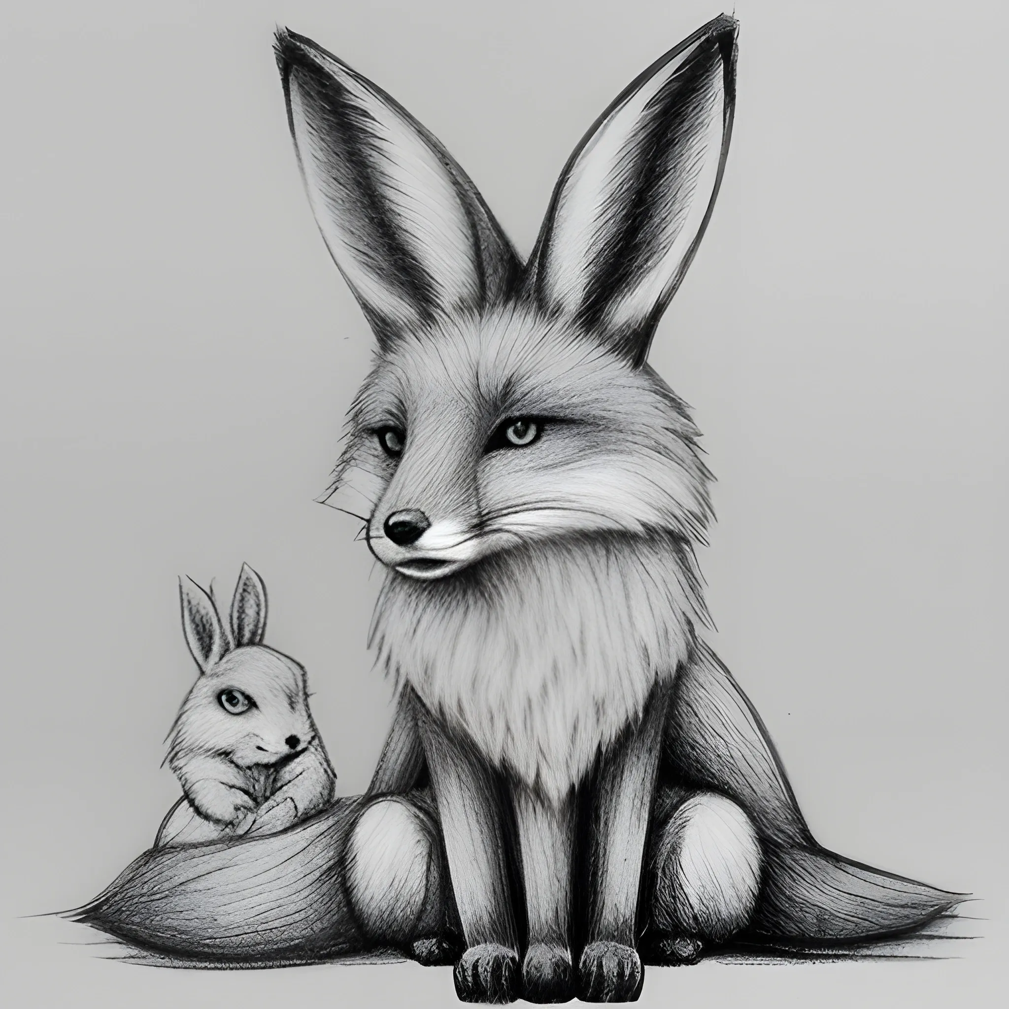 Fox with a rabbit, Pencil Sketch
