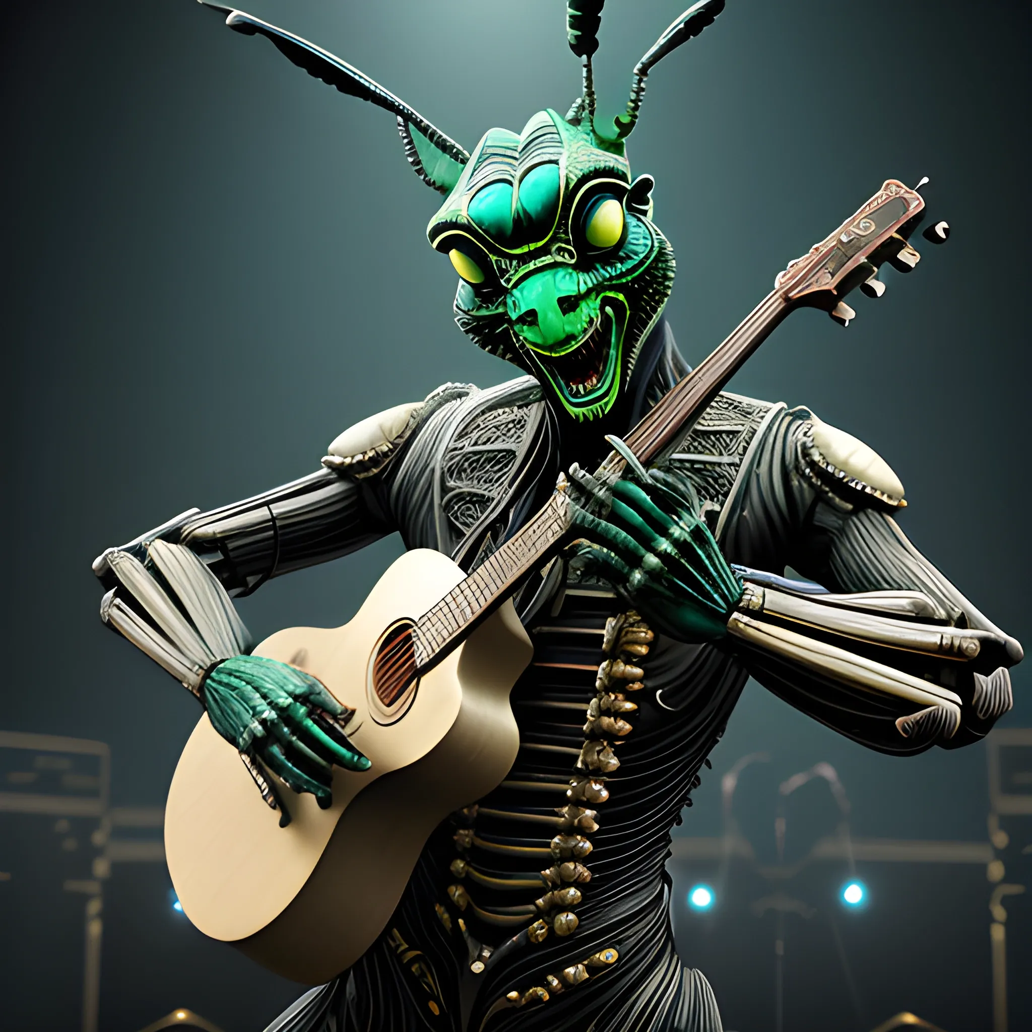 "Grasshopper Grooves: Step into a world where anthropomorphic humanoid creatures take the stage in a concert like no other. Witness the mesmerizing spectacle of an ultra-realistic and extra-detailed grasshopper musician commanding the spotlight. Clad in a stylish black jacket that accentuates its macho physique, this larger-than-life grasshopper effortlessly strums the guitar, creating a symphony of melodic notes. Every detail, from the intricate textures of its exoskeleton to the subtle movements of its limbs, is captured in stunning HD. Immerse yourself in the electrifying atmosphere as the grasshopper's performance captivates the audience and takes them on a journey through music. Let the realism of this extraordinary creature and its musical talent transport you to a world where imagination and reality converge., 3D