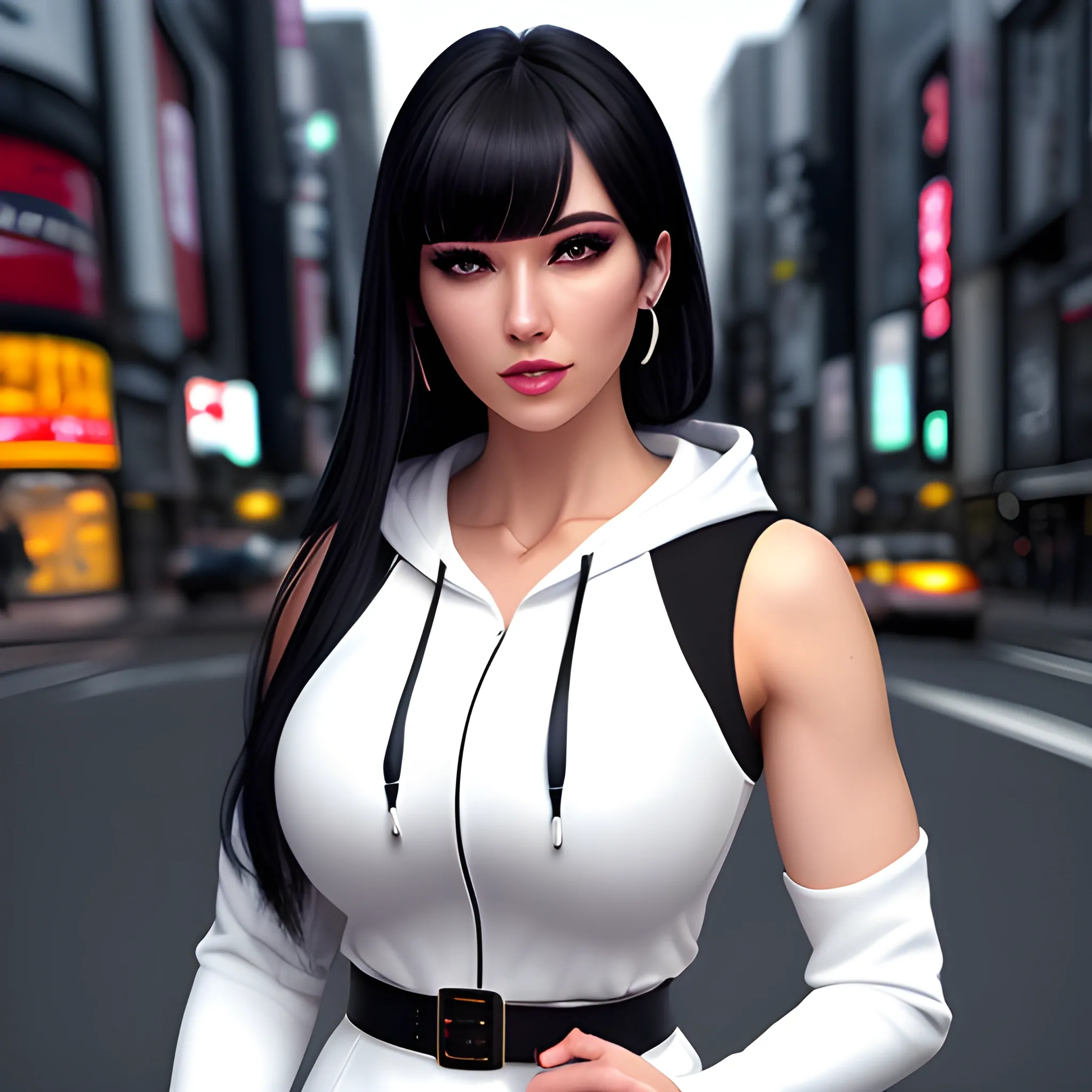 1girl, arms_behind_back, bangs, belt, black_hair, bow, breasts, buttons, door, dress, earrings, hair_bow, indoors, jewelry, lips, looking_at_viewer, medium_breasts, sleeveless, solo, (8k, RAW photo, best quality, masterpiece:1.2), (realistic, photo-realistic:1.37), ultra-detailed,full body,1 girl, solo,beautiful detailed sky,detailed tokyo street,night,beautiful detailed eyes,beautiful detailed lips,professional lighting, photon mapping, radiosity, physically-based rendering,extremely detailed eyes and face, beautiful detailed eyes,light on face,cinematic lighting, short jacket,hoodie,school uniform,1girl,full body,full-body shot,see-through,looking at viewer,outdoors,((white hair))