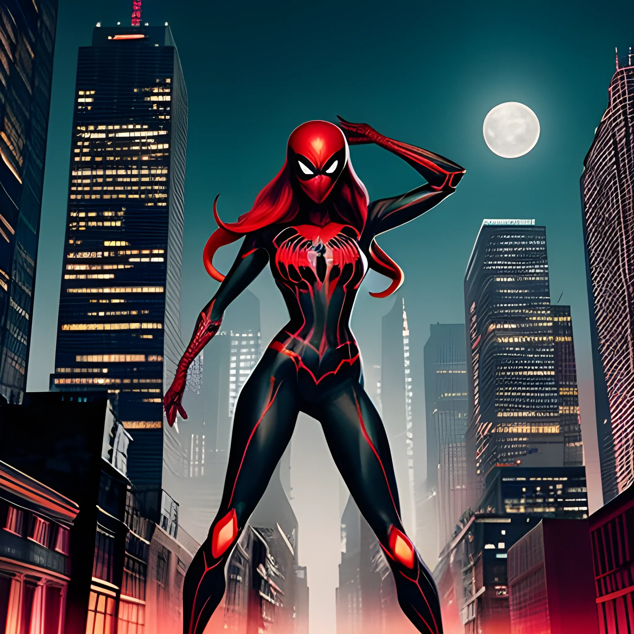 Young girl age 20, Create an image of Spider-Woman standing in front of a dark and desolate cityscape, dressed in her traditional black and red suit, with a red web pattern covering her body. Make sure to include details such as the web design on her mask and wrist bands, and the spider logo on her chest. Add some dramatic lighting to highlight her features, and make sure to show her eyes glowing brightly. In the background, let’s see some tall gothic-style skyscrapers, with the moon peeking through the clouds behind her. And let’s make sure that we see Spider-Woman’s web-shooters as she prepares to swing through the city. The overall effect should be one of power and intensity, giving the impression that Spider-Woman is ready to take on any challenge that comes her way.