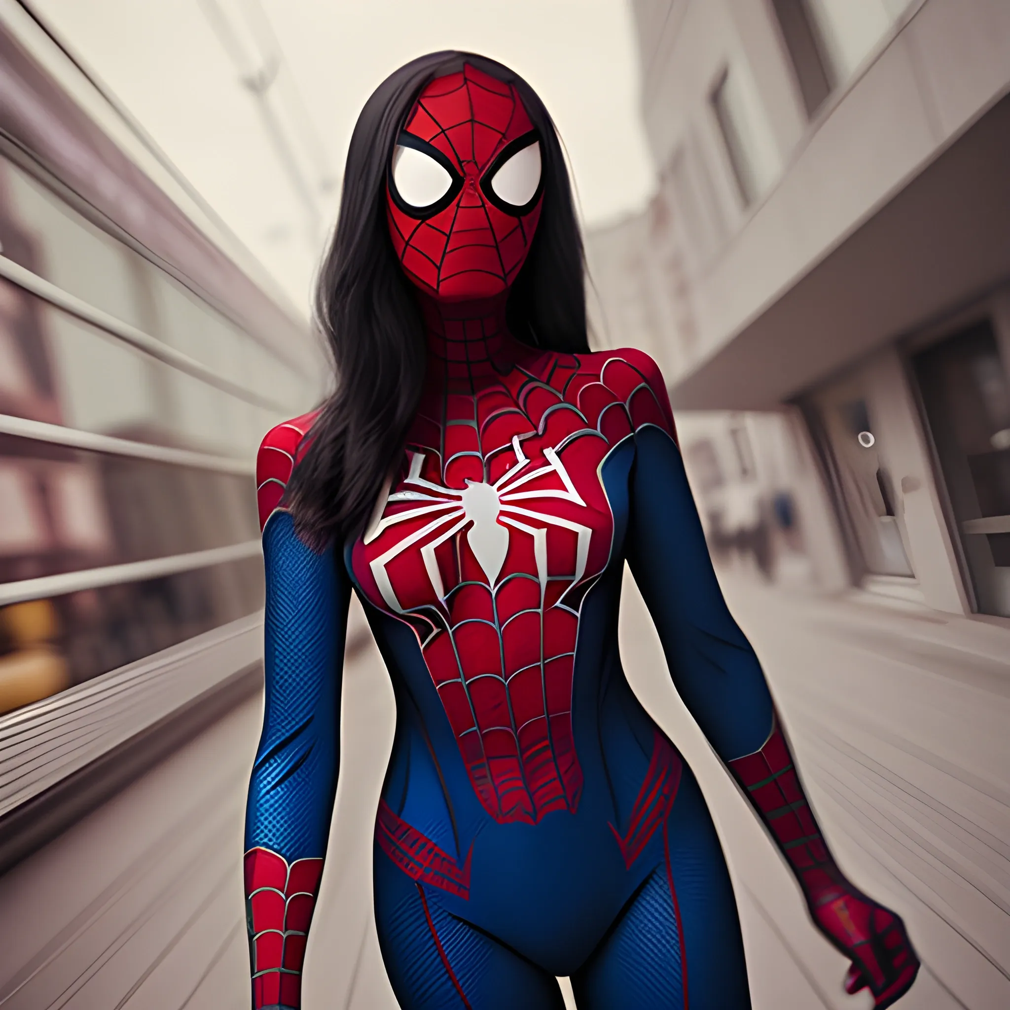 Spider-Woman, Trippy, age 20 years old, lovely, without his mask, with the mask in hand, smiling friendly, first person shot, NSFW, torn suit.