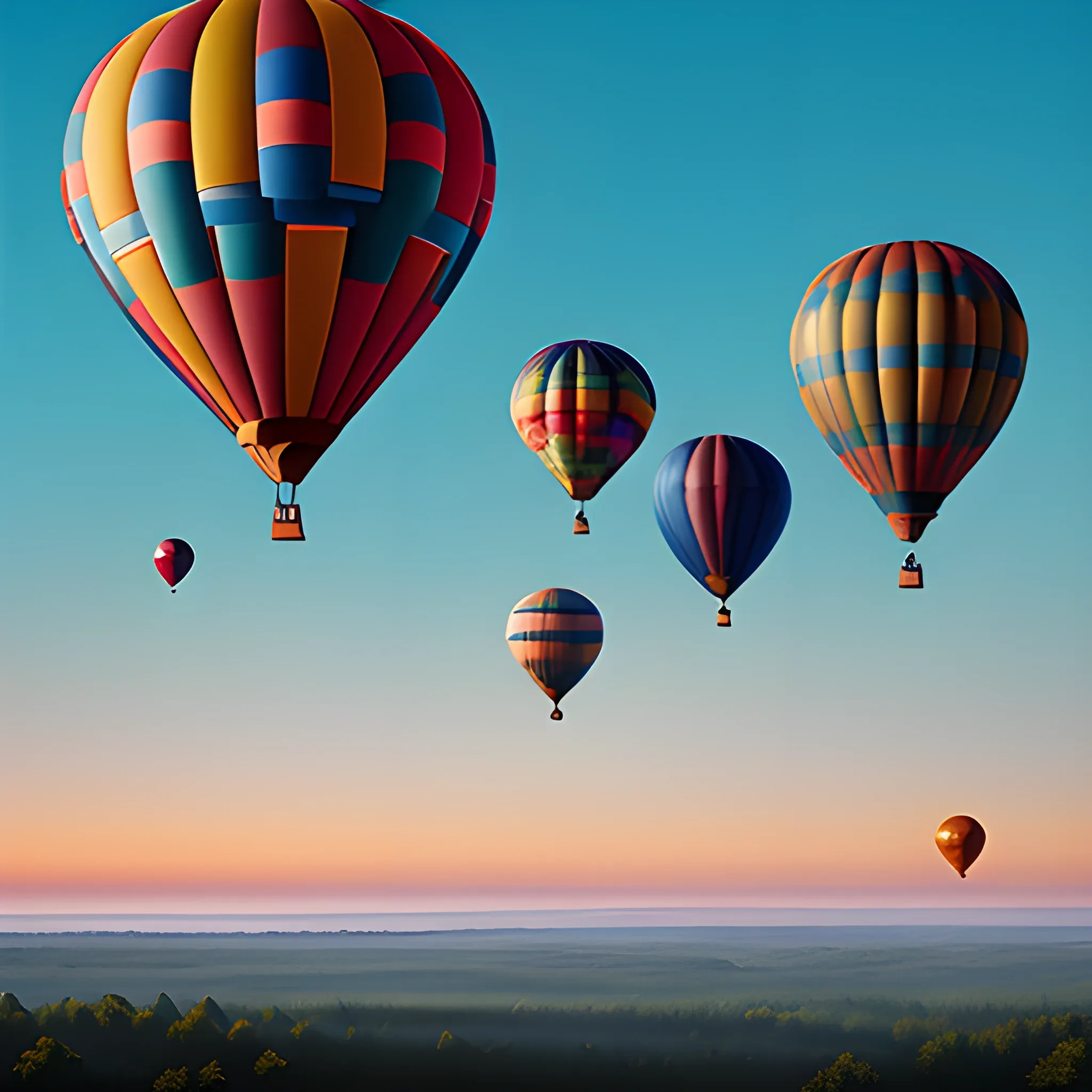 wide shot of many hot air balloons floating in the blue sky over the forest, best quality, masterpiece, ultra high res, photorealistic, intricate details, colorful, rich color, dramatic lighting, cinematic