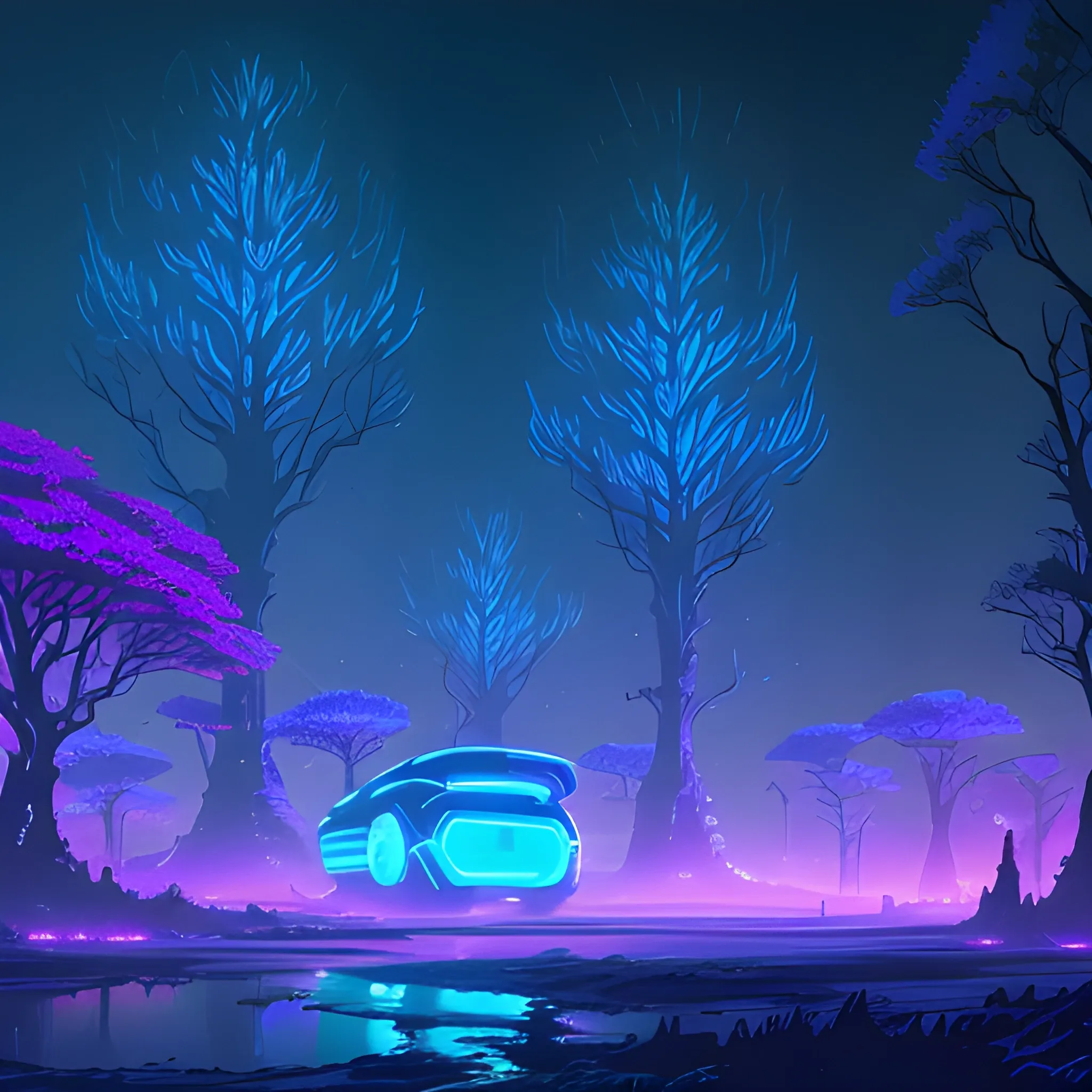 concept art painting of a fantasy retro neon tech landscape at night, with glowing blue lights, glowing blue trees, dark purple sky, realistic, detailed, cel shaded, in the style of makoto shinkai and greg rutkowski and albert bierstadt and james gurney