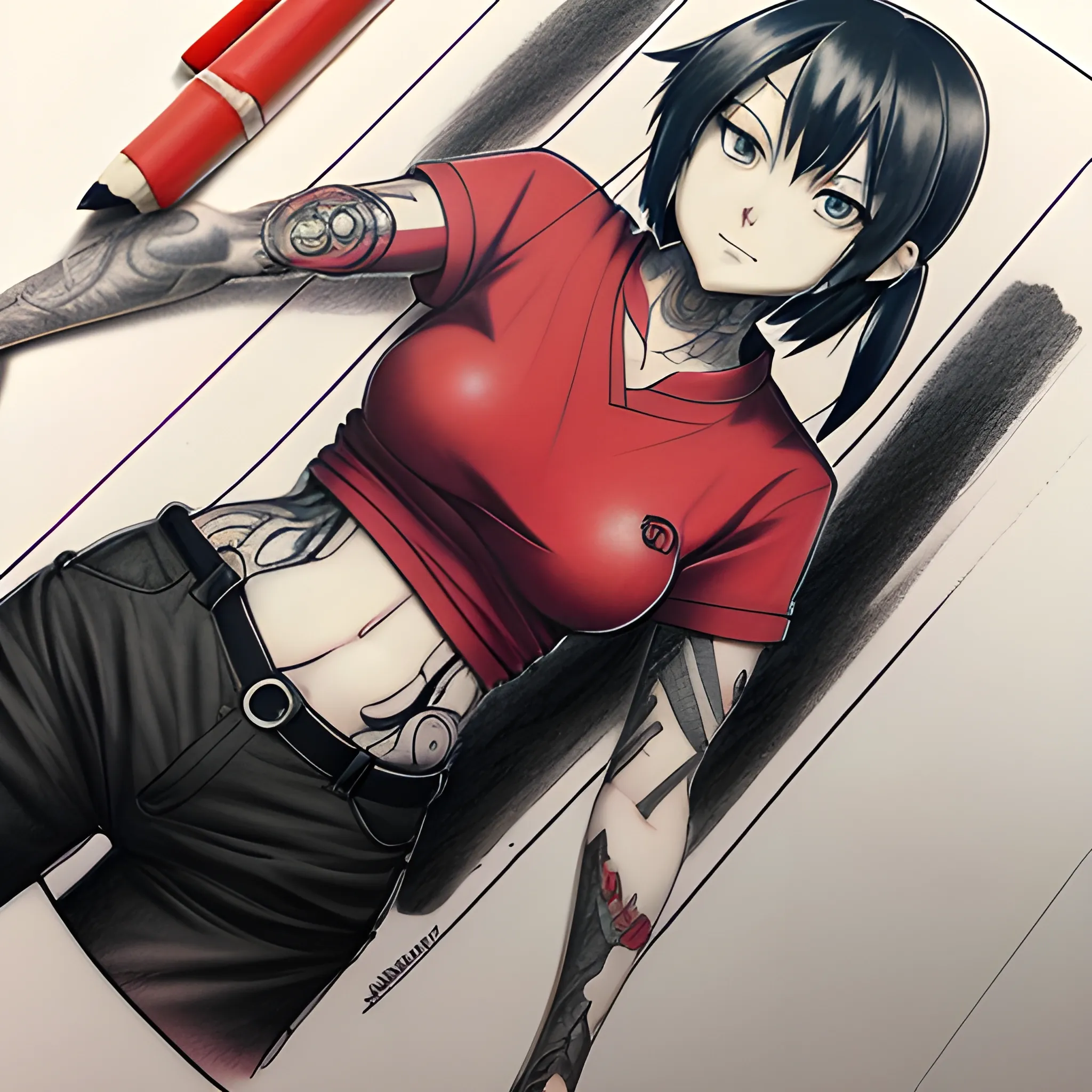 AI Generated Prompt

a woman in a red shirt and black pants, a tattoo by Tetsugoro Yorozu, trending on pixiv, optical illusion, official art, anime, booru, Pencil Sketch