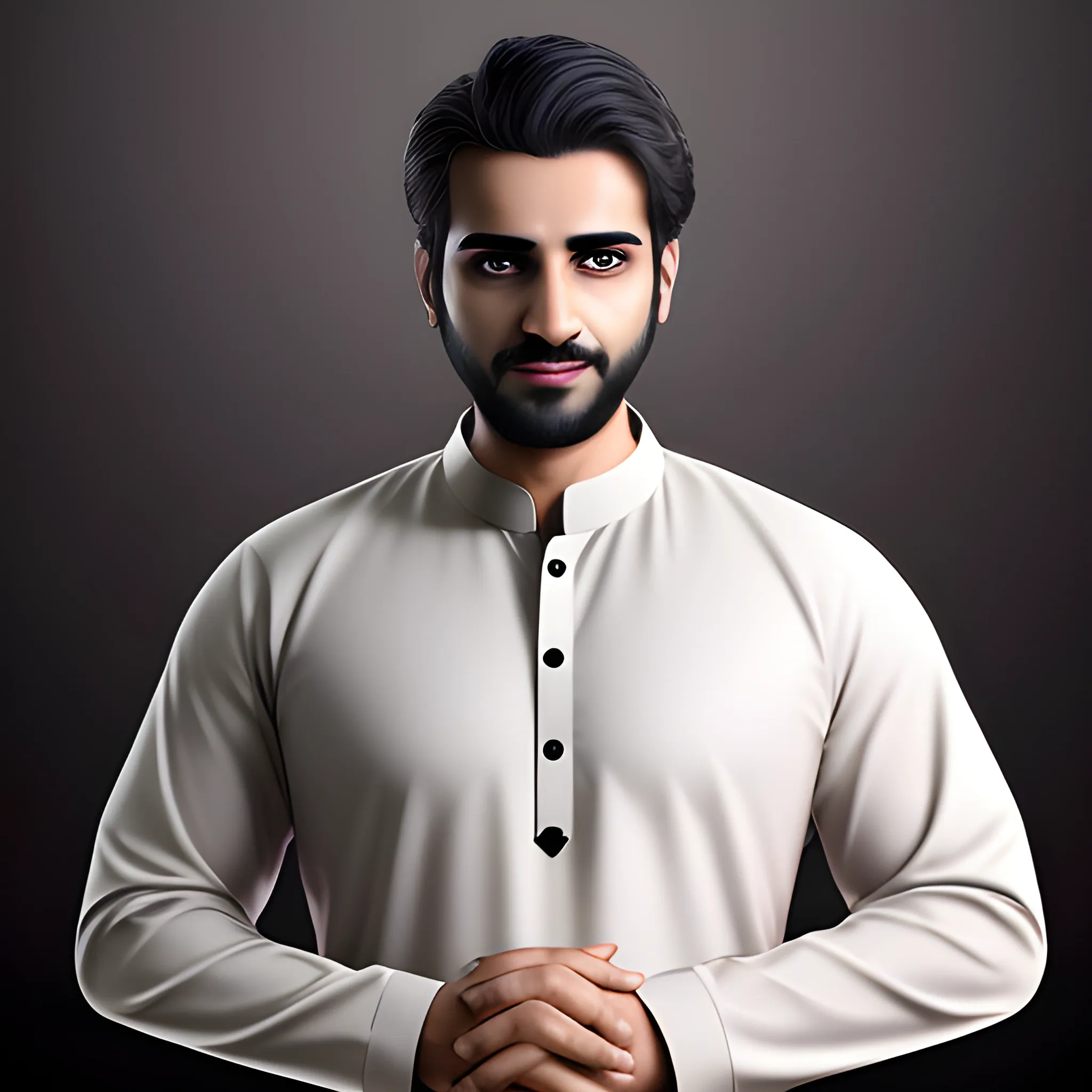 photo-realistic image of a professional male in a content creator background, men wearing a kurta, dark lighting and a face is glowing