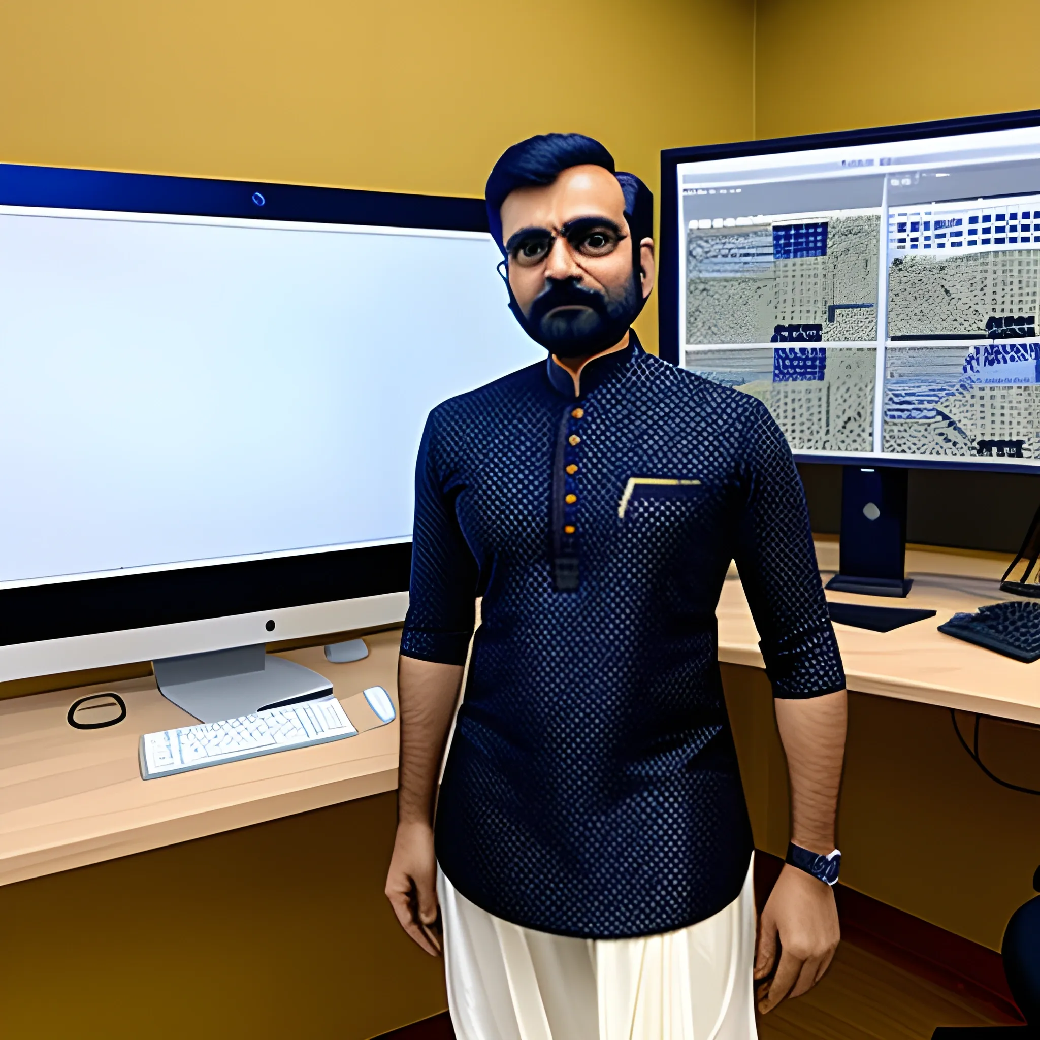 Young Indian man wearing kurta and standing in the a content creator studio computer is behind him

