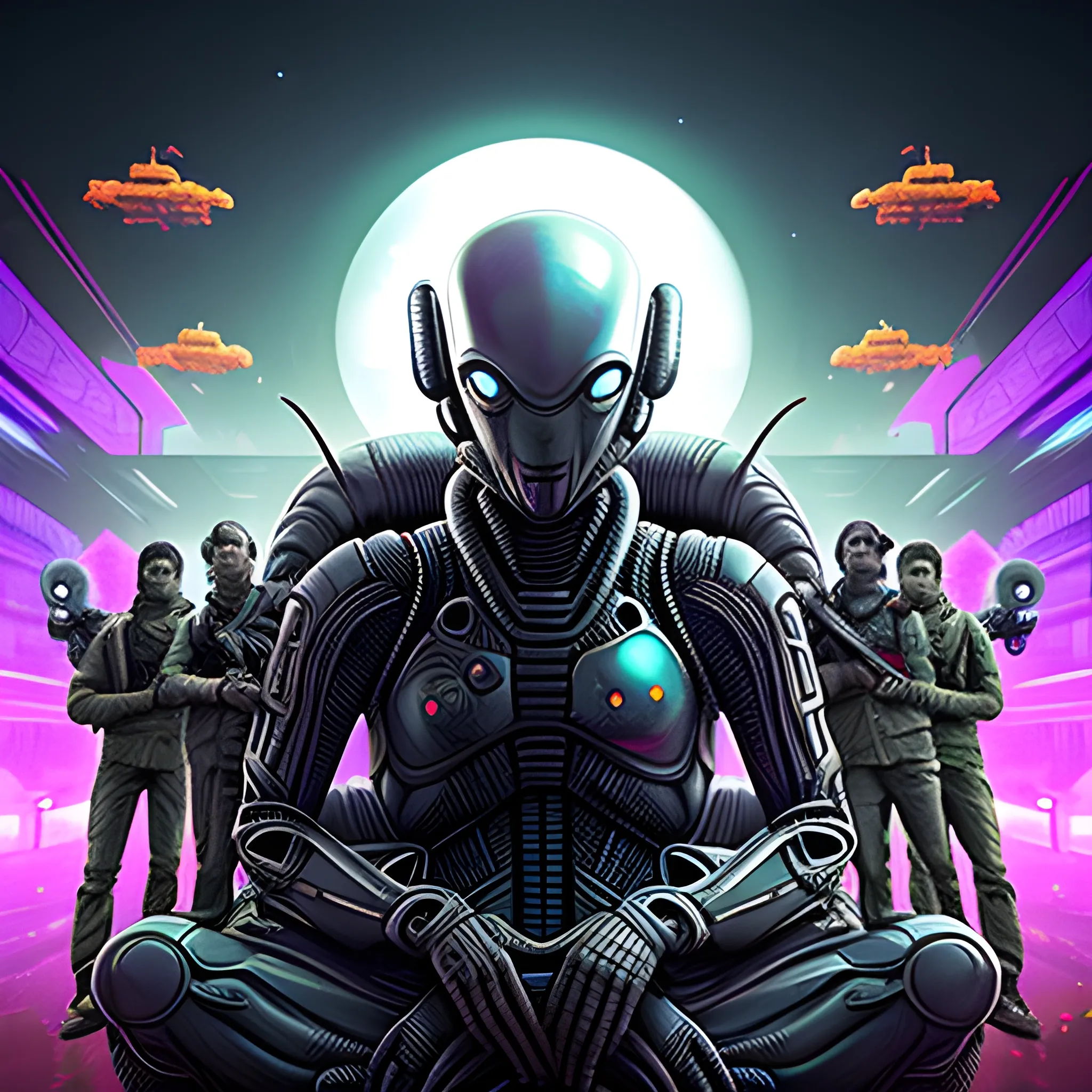 Sci-Fi warfare in Yangon with Alien , Trippy, highly details 
