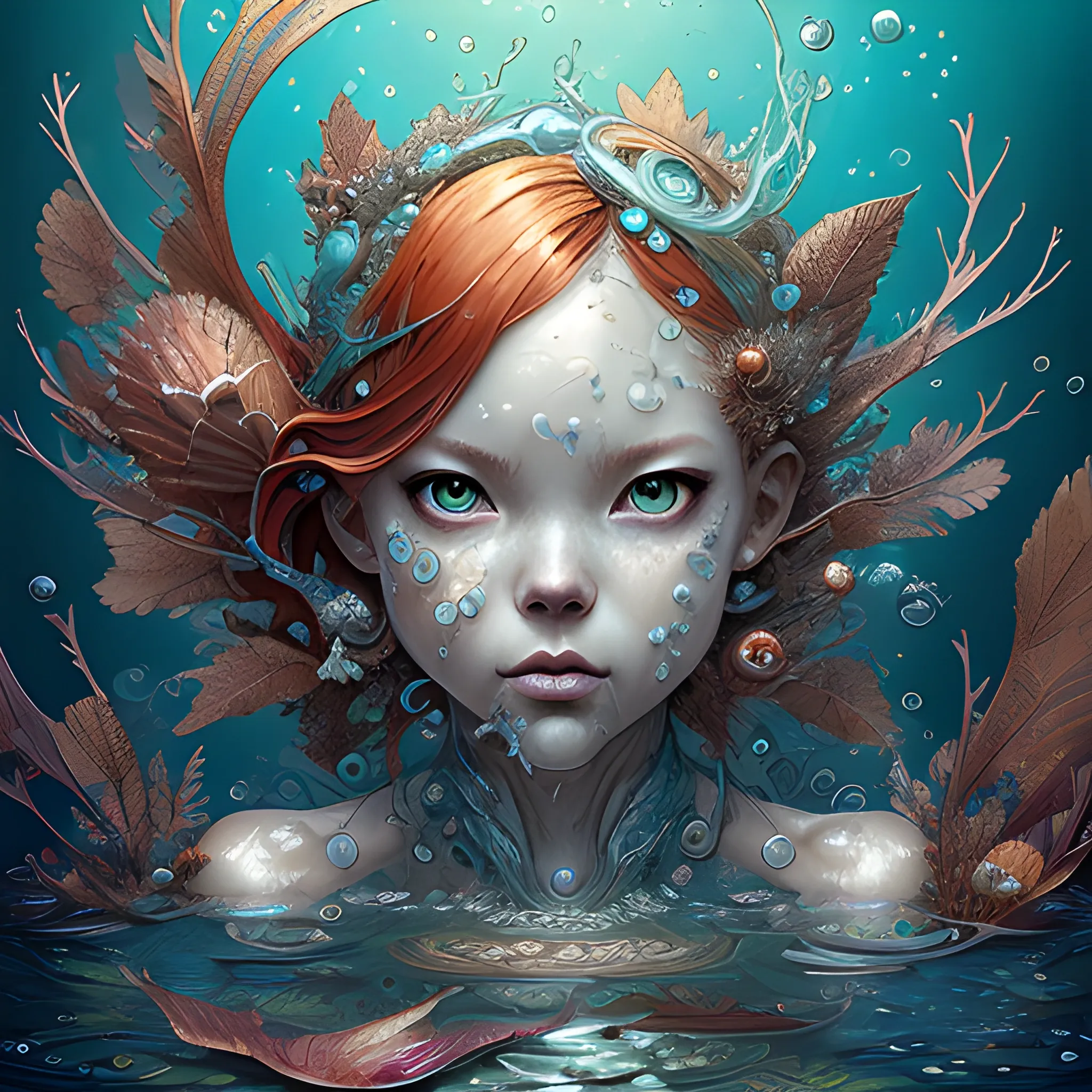 ultra highly detailed, luminism, a close up cute water spirit, by WLOP greg rutkowski, craola, ginger hair, wonderland, mystical, fantasy, leaves, algae, bubbles, water drops, underwater, complex background, dynamic lighting, lights, digital painting, intricated pose, highly detailed, cute, filigree, intricated, best quality, by  Geof Darrow, Russ Mills, Sakimichan,