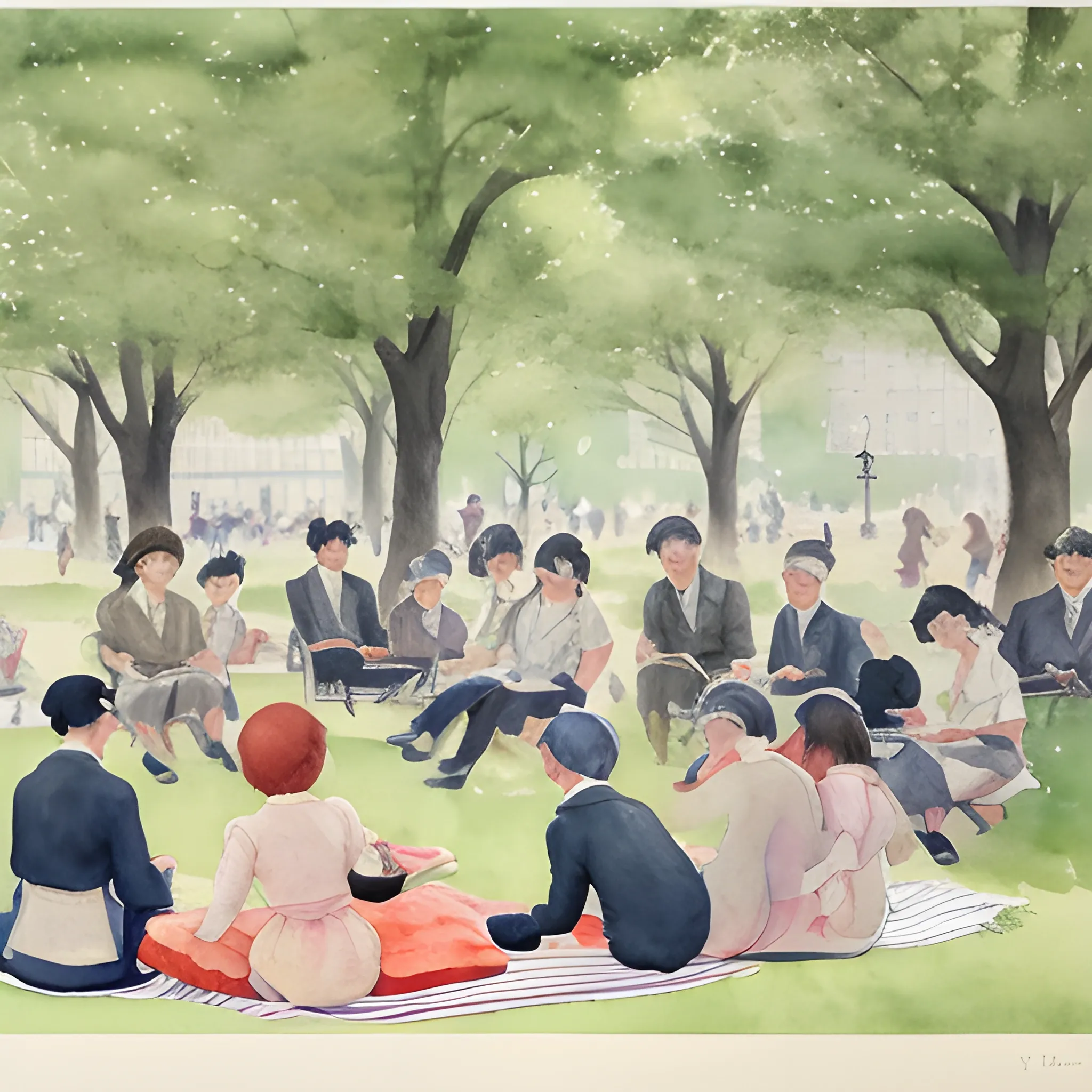 a painting of a people sitting on a blanket in a park in New York City at the 20th century, a watercolor painting by Tsuguharu Foujita, featured on pixiv, figurative art, pixiv, watercolor, impressionism
