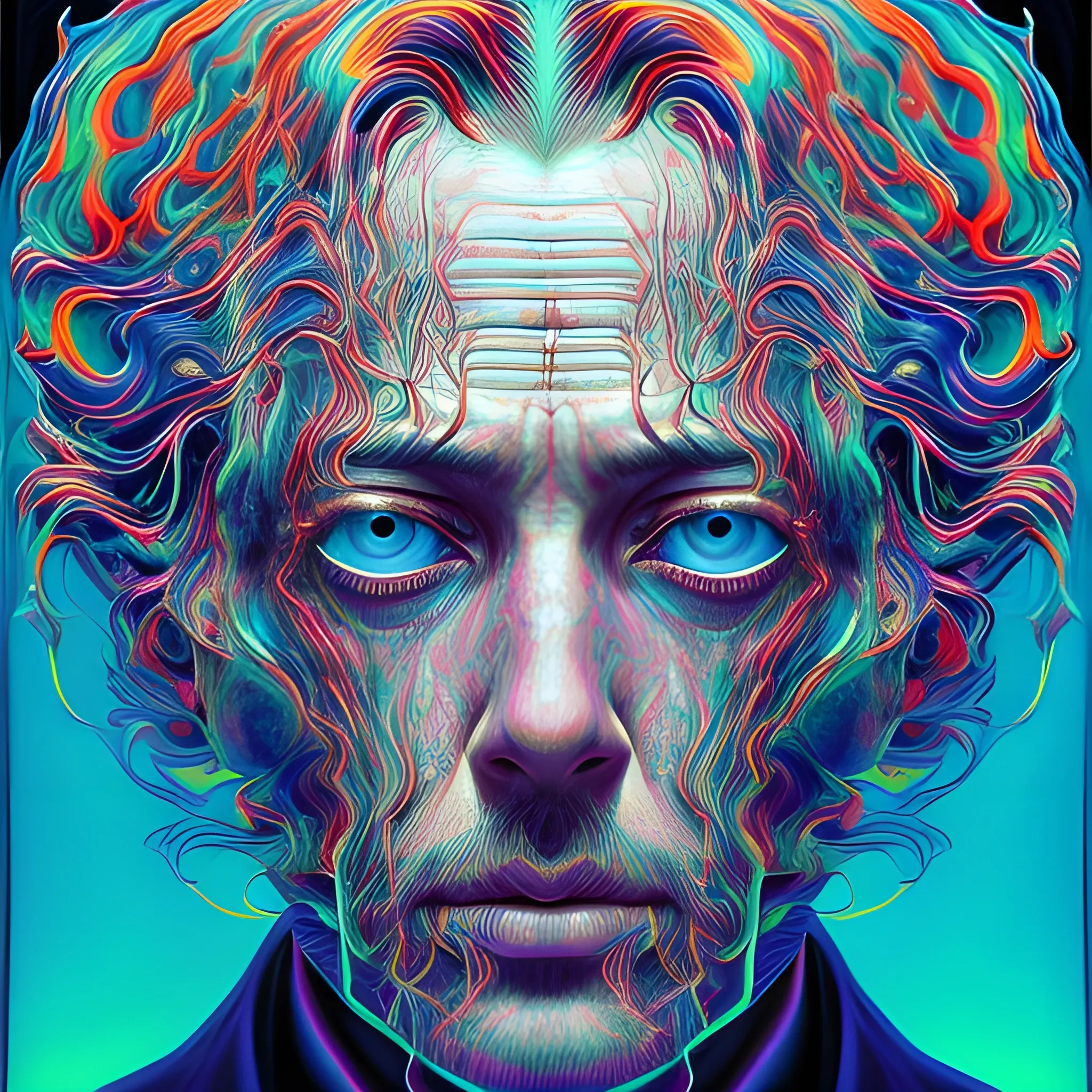 reflection madness, psychedelic art, paranoid portrait, Glenn Brown style, perfect face, perfect eyes, highly detailed, comprehensive cinematic, digital painting, 8k, cinematic lighting, best quality, highres, detailed work, post-processing, perfect result