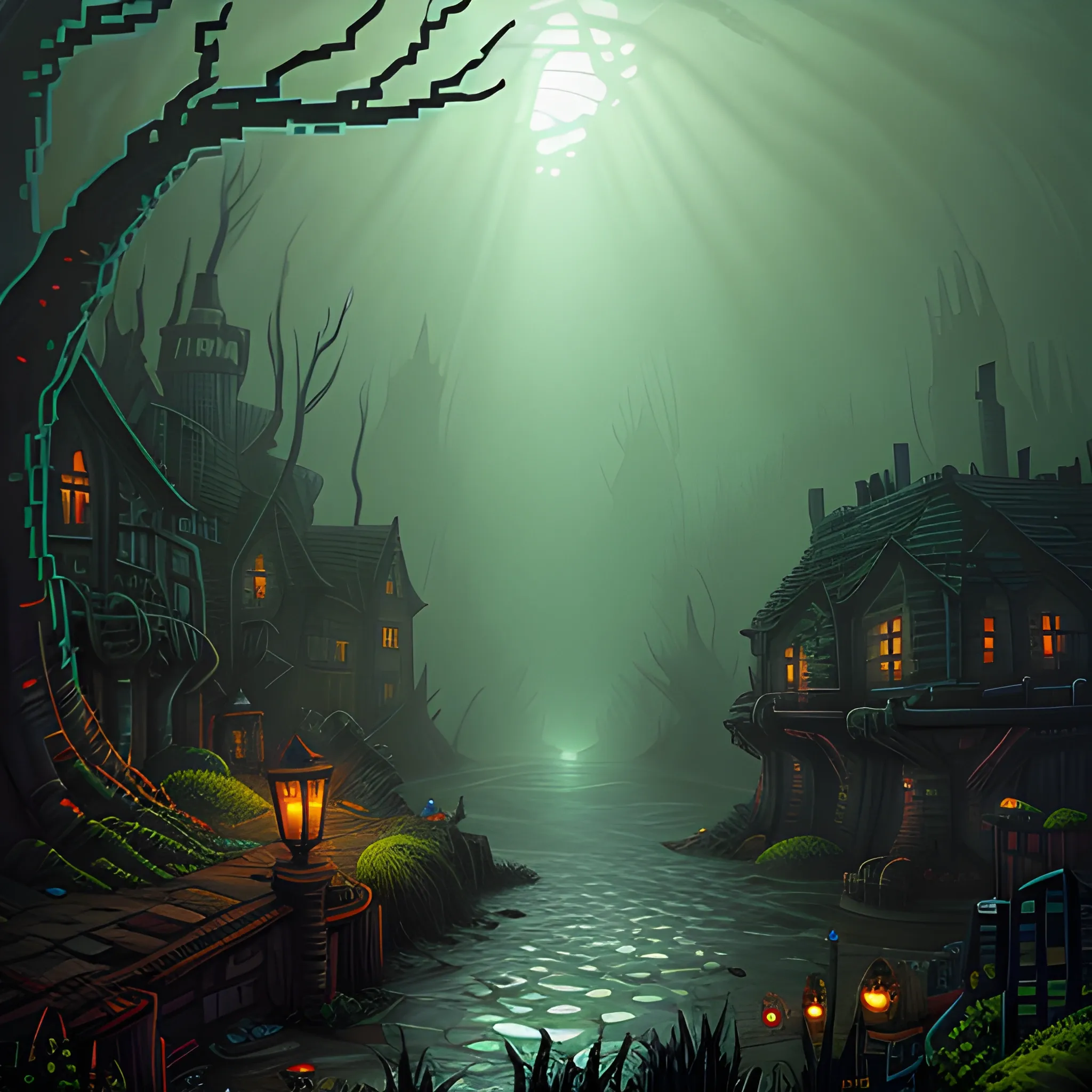 The pixel art image depicts a dark and atmospheric sewer scene from a video game. The color palette consists of various shades of green, gray, and brown to create a grimy and murky atmosphere. The sewer is depicted as a narrow underground passage with brick walls covered in moss and slime.

In the foreground, there are several stone pillars supporting the ceiling of the sewer. A small stream of murky water flows along the center of the passage, illuminated by faint rays of light coming from the grates above. The water is filled with debris and trash, giving it a polluted appearance.

At the sides of the sewer, there are scattered wooden crates and barrels, partially submerged in the water. These objects hint at the presence of human activity in the area. A few flickering torches are mounted on the walls, casting eerie shadows and adding a sense of mystery to the scene.

In the distance, the passage curves to the right, disappearing into darkness. The pixel art style captures the gritty and detailed textures of the bricks, moss, and water. Overall, the image evokes a sense of danger and exploration, inviting the player to venture deeper into the game's underground world. STYLE PIXEL ART 16:9