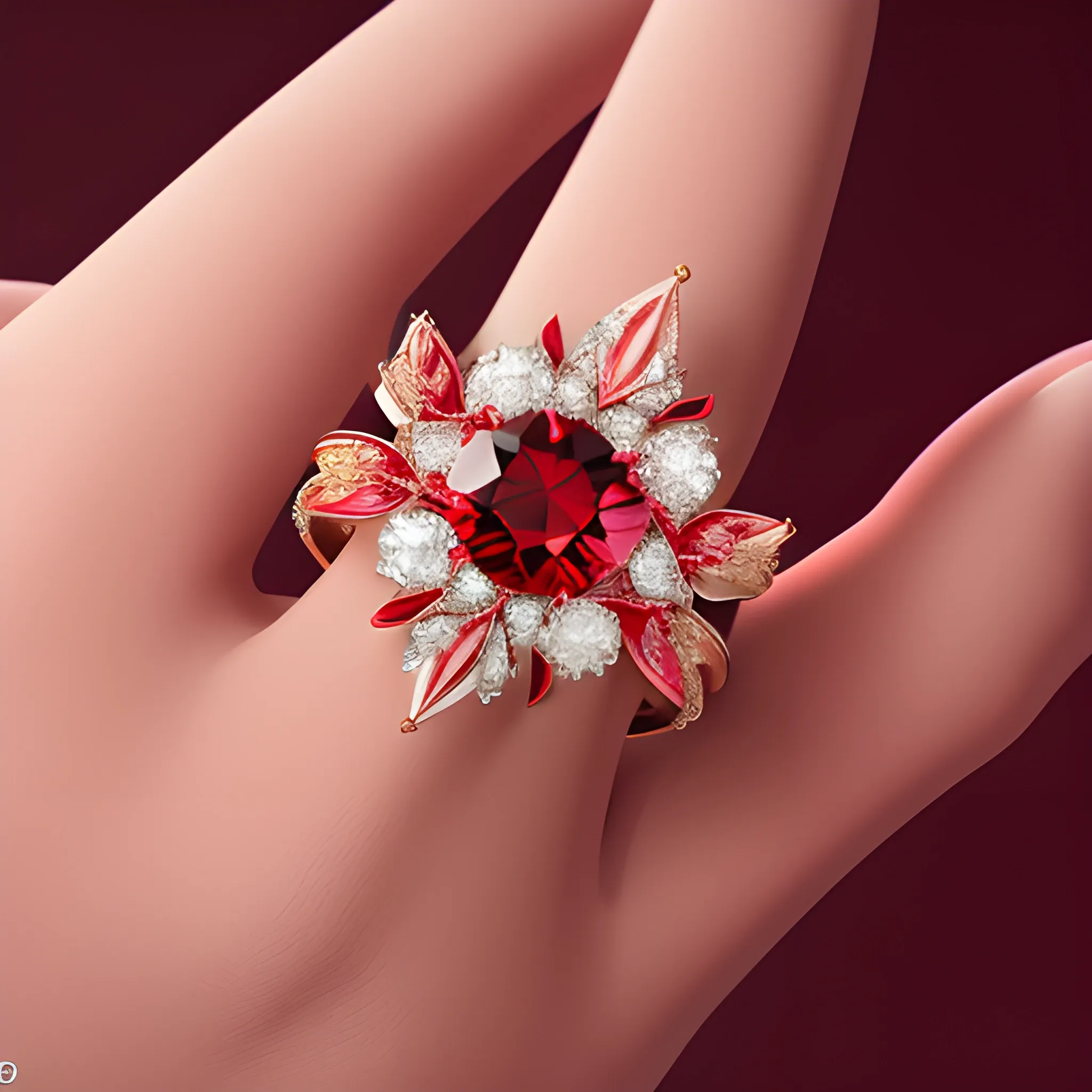 a jewelry design,sakura-themed ring, red gemstones and diamonds,luxury, closeup, product view,trending on artstation, cgsociety,ultra quality,digital art, exquisite hyper details,4k,Soft illumination, dreamy,fashion, rendering by unreal engine