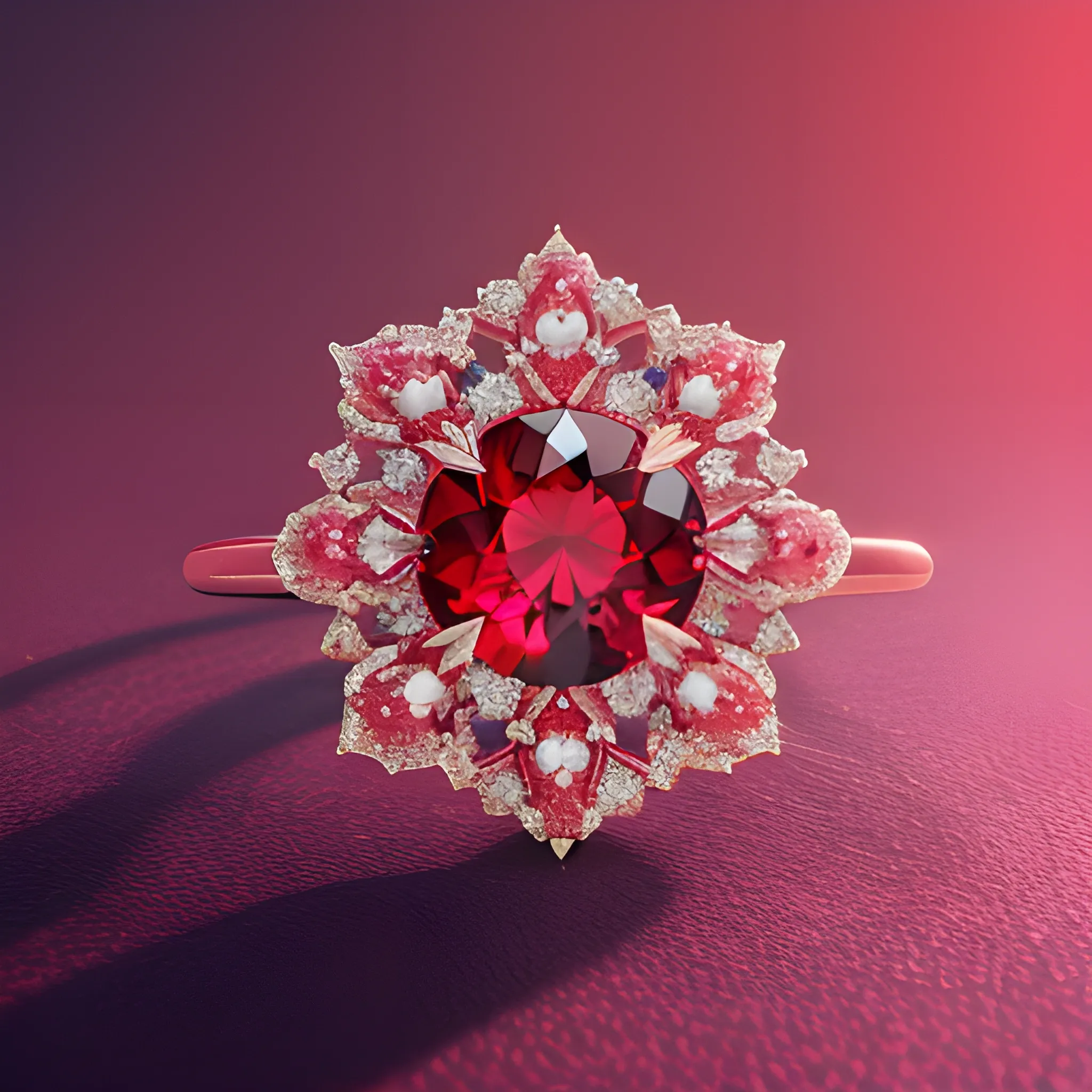 a jewelry design,sakura-themed ring, red gemstones and diamonds,luxury, closeup, product view,trending on artstation, cgsociety,ultra quality,digital art, exquisite hyper details,4k,Soft illumination, dreamy,fashion, rendering by unreal engine