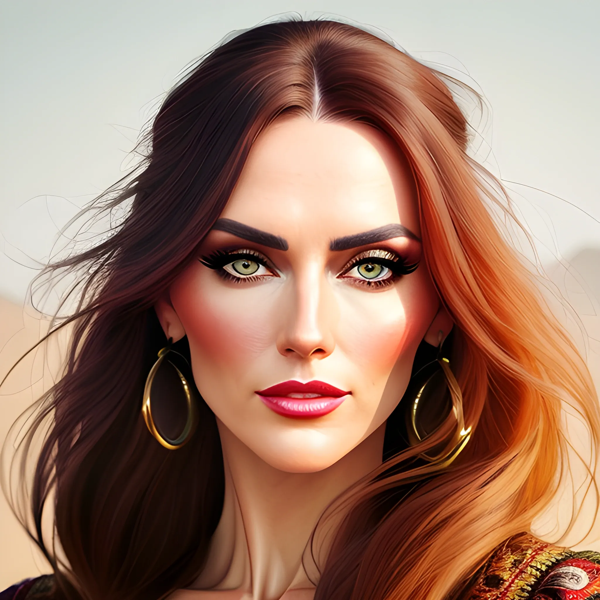 Wonderful young woman , fantastic face, Caucasian, beautiful look, deatiled face , deatiled hair, ultra focus, face ilumined , face deatiled, 8k resolution, painted, dry brush, brush strokes , razumov style and garmash style Portrait of wonderful woman , boho style, casual outfit, boho palette , pony tail, soft smile, the free spirit, the bohemian,  EType , 4w5, sun rays, deatiled facial features, deatiled eyes , McQueen, minimalizm, hasselbland h6d–100c