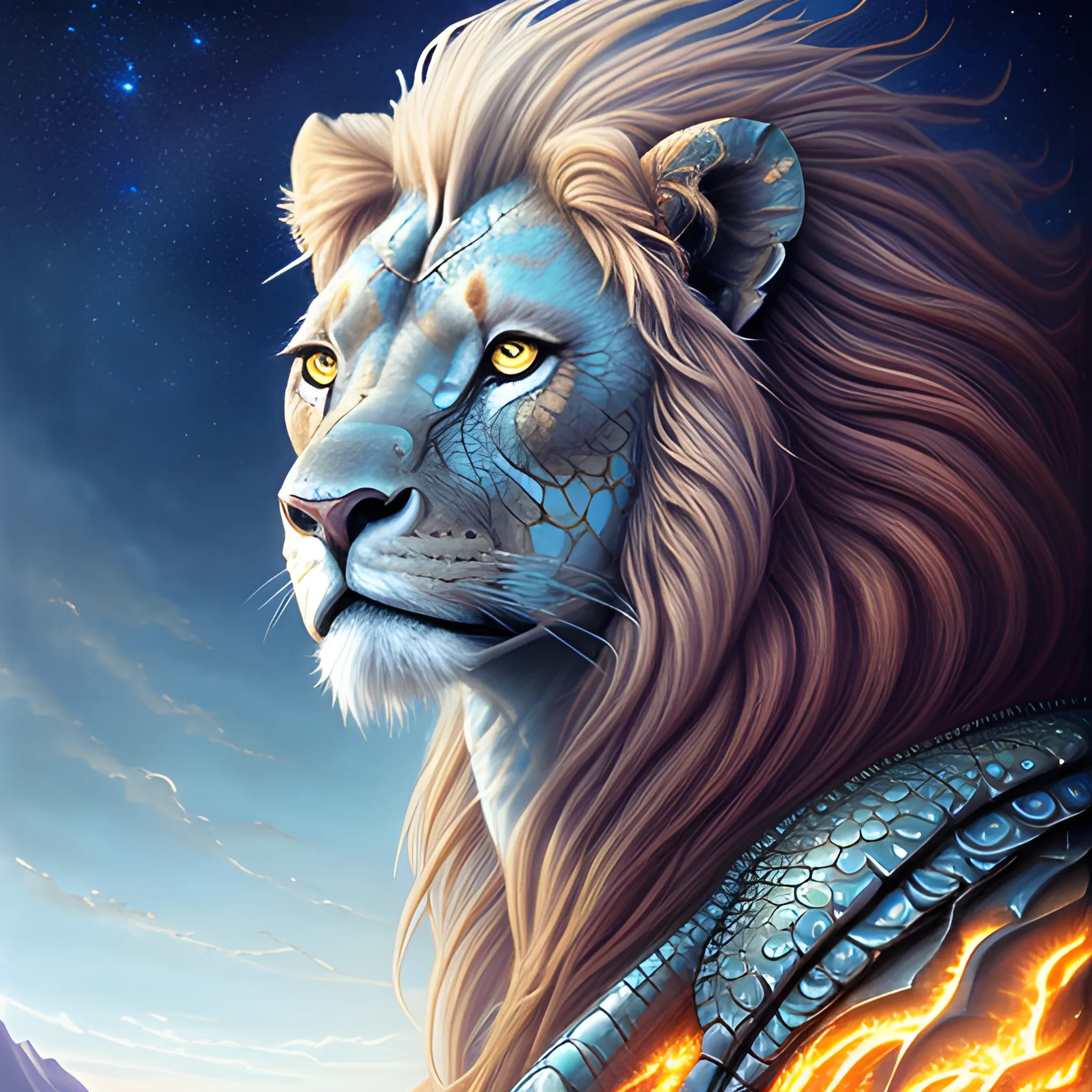 ultra realistic illustration, amazing portrait of a beautiful fantasy alien (lion) girl with scaly skin ultra detailed under the stars, perfect eyes, perfect anatomy, intricate, epic, highly detailed, fantasy color palette, digital painting, art station, concept art , sharp soft focus, illustration, 8k, artwork by Rodney Matthews and carol lundberg (uncommon camera angle and position)